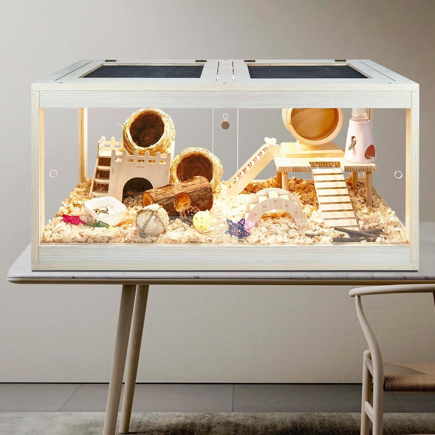 Prolee Hamster Cage Wooden, Mice and Rat Habitat, Hamster Cage with Openable Mesh Top, Clear Acrylic Solid Built with Lock Design, Oak 40"