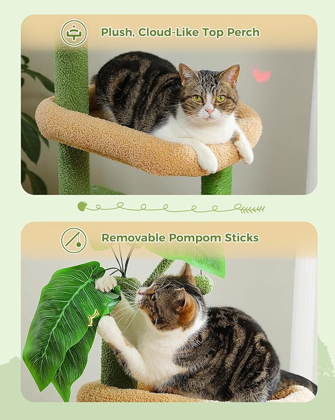 53-Inch Green Cat Tree with 2 Condos for Indoor Cats,Cat Tower with Scratching Posts for Small Cats,Cactus Cat Tree Tower with Hammock and Cat Toys