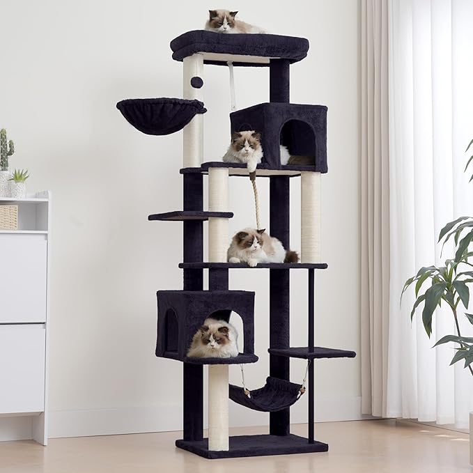 Cat Tree for Indoor Cats Large Adult, 70.5'' Cat Tower with Scratching Post, Sturdy Steel Pube Cat Tree Tower with Large Playing Platfrom, Hammock and Basket, Top Perch, Drak Gray GCT024G
