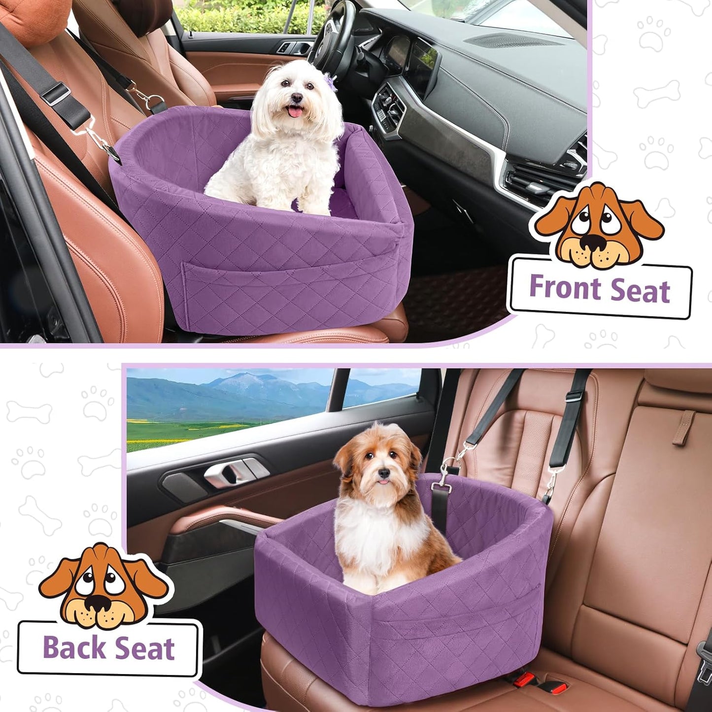 Dog Car Seat for Small Medium Dogs,Detachable Washable Dog Booster Seat Under 30lbs, Pet Car Seats Travel Bed with Storage Pockets and Safety Belt (Purple) - Pawvie