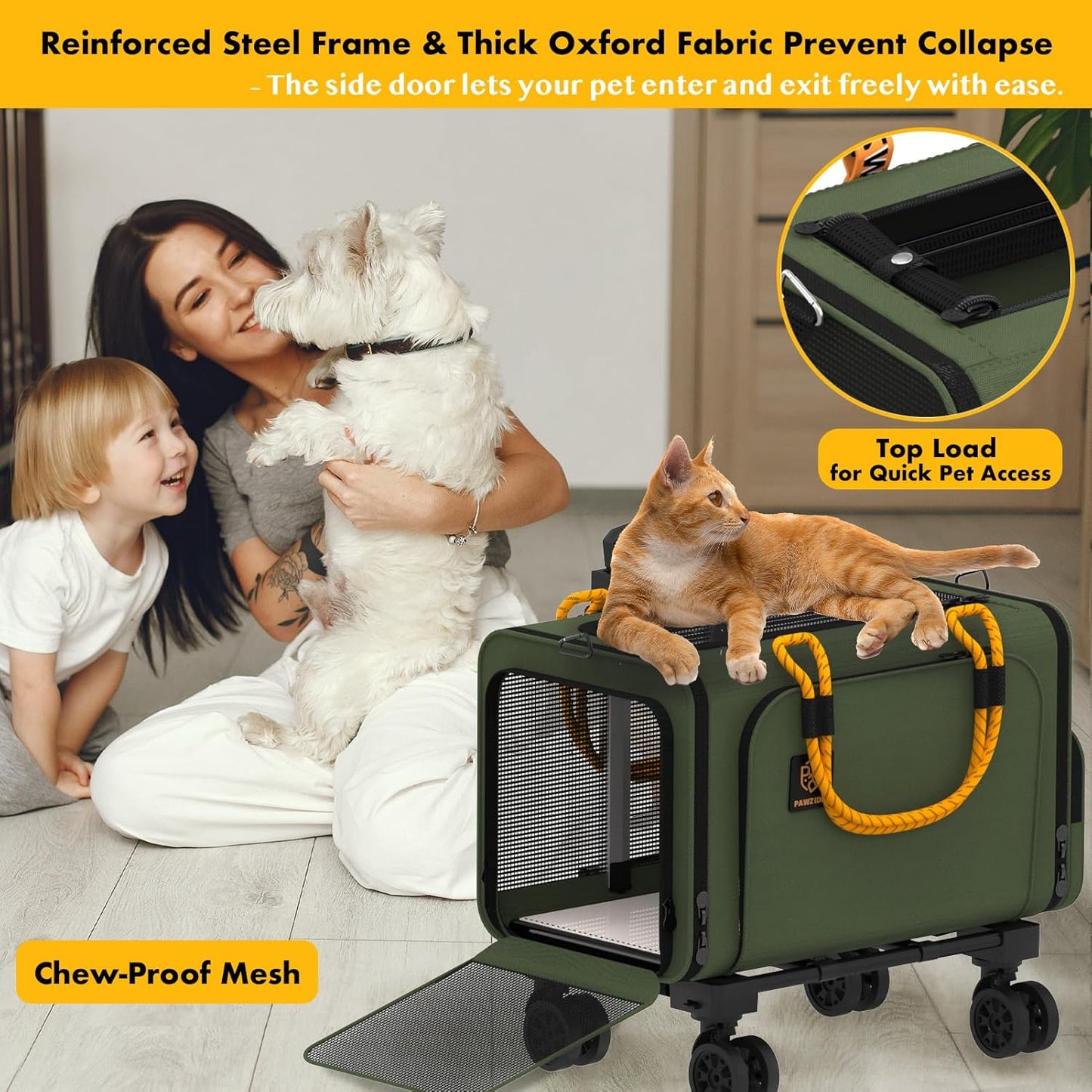 PAWZIDEA Pet Carrier with Wheels, 18x11x11 TSA Airline Approved Cat Carrier for 2 Cats Under Seat, Expandable Soft-Sided Dog Carrier for Small Dogs Rolling Travel Bag with Telescopic Handle, Foldable - Pawvie