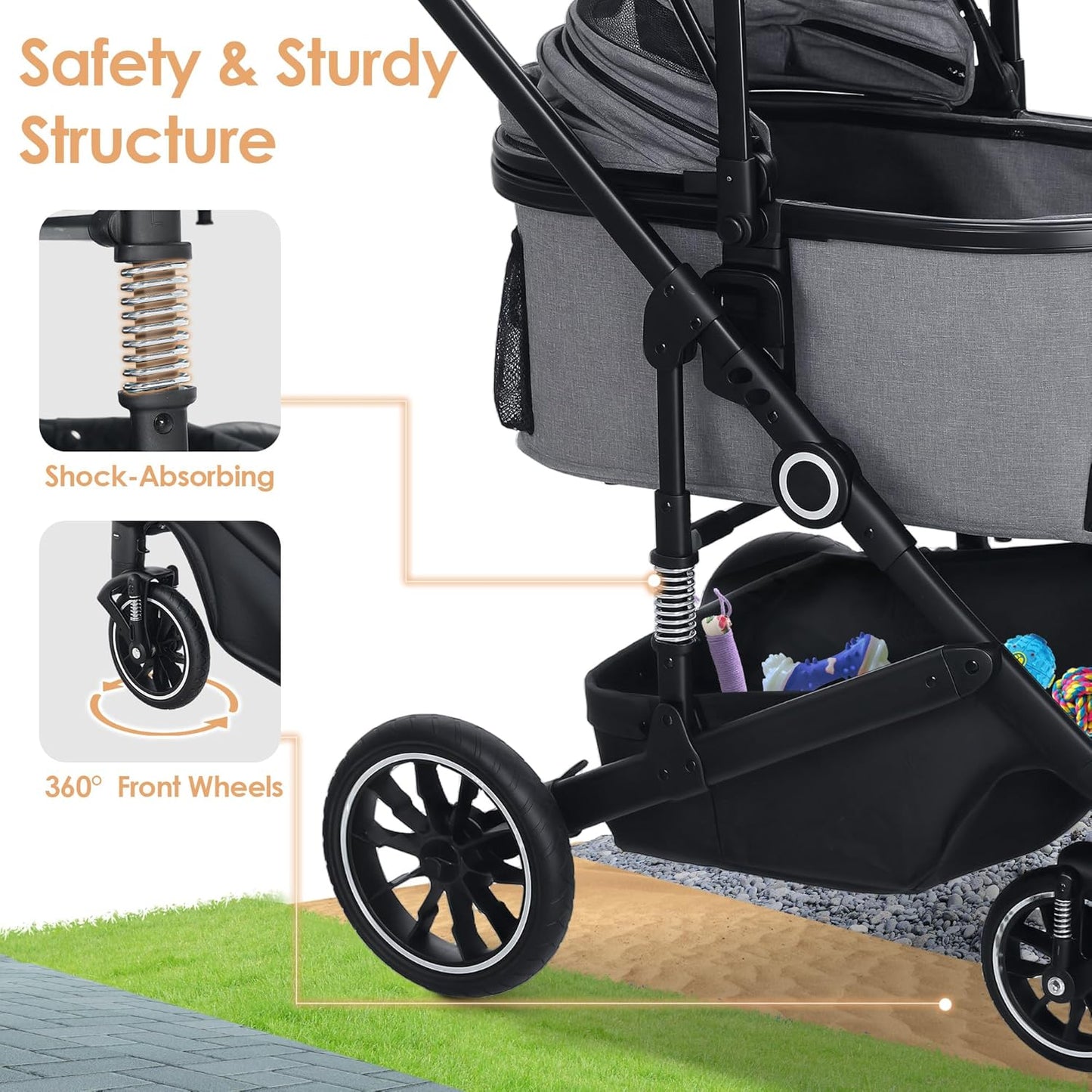 Pet Stroller with 4 Wheels, 3 in 1 Folding Puppy Strollers for Small/Medium Dogs Cats up to 50lbs, Lightweight Pet Travel Carrier with Detachable Cushion, Storage Basket and Cup Holder, Gray - Pawvie