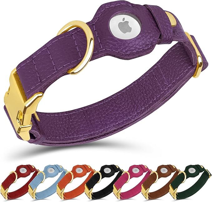Leather Airtag Dog Collar - Soft Tracking Dog Collar with Apple AirTag Holder and Metal Buckle - Safety GPS Pet Collars for Small Medium Large Dogs Puppy Pink Red (Purple, M, 14"-18" Neck Fit)