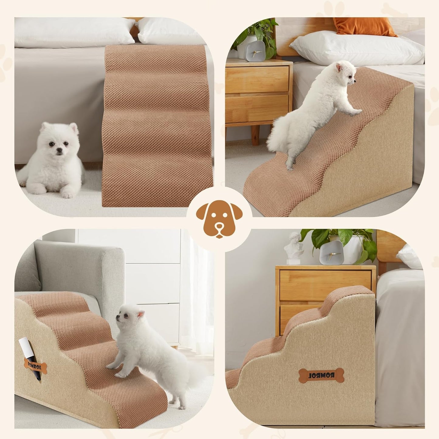 Dog Stairs, Romrol Dog Steps Ramp for High Bed and Couch, Dogs Ramp with Durable Non-Slip Waterproof Fabric Cover, Pet Stairs for Small Dogs and Cats or Pets Joints, 4-TiersLight Brown - Pawvie