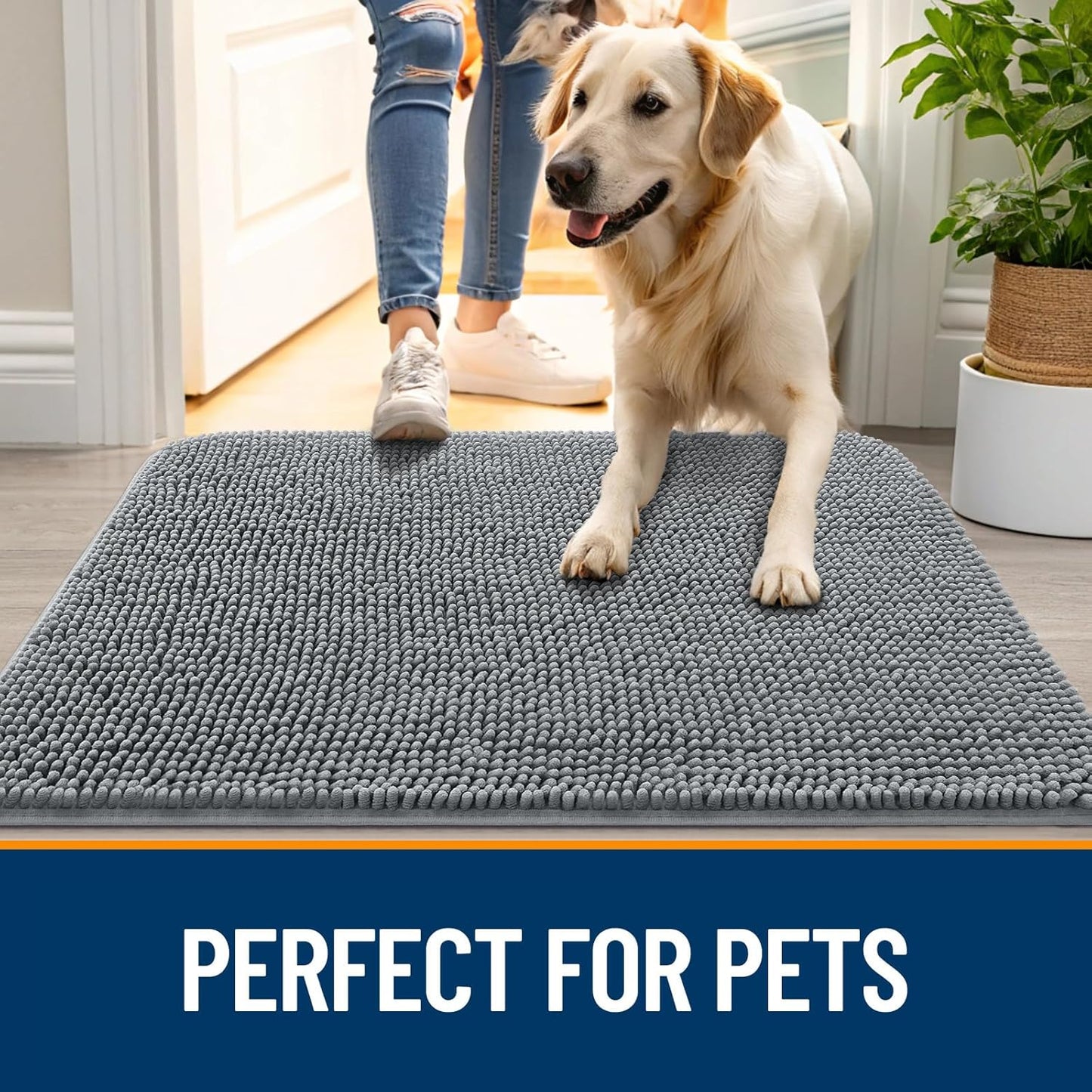 OLANLY Dog Door Mat for Muddy Paws 54x24, Absorbs Moisture and Dirt, Absorbent Non-Slip Washable Doormat, Quick Dry Chenille Mud Mat for Dogs, Entry Indoor Entryway Carpet for Inside Floor, Grey
