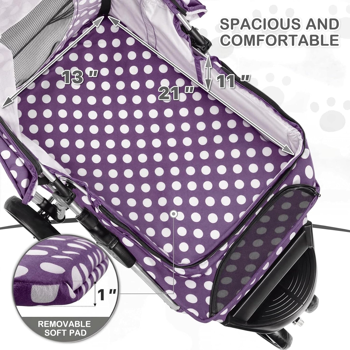 MoNiBloom 3 Wheels Pet Dog Cat Stroller for Small Medium Dogs Cats, Foldable Jogger Stroller w/Storage Basket and Cup Holder, Purple Polka Dots - Pawvie