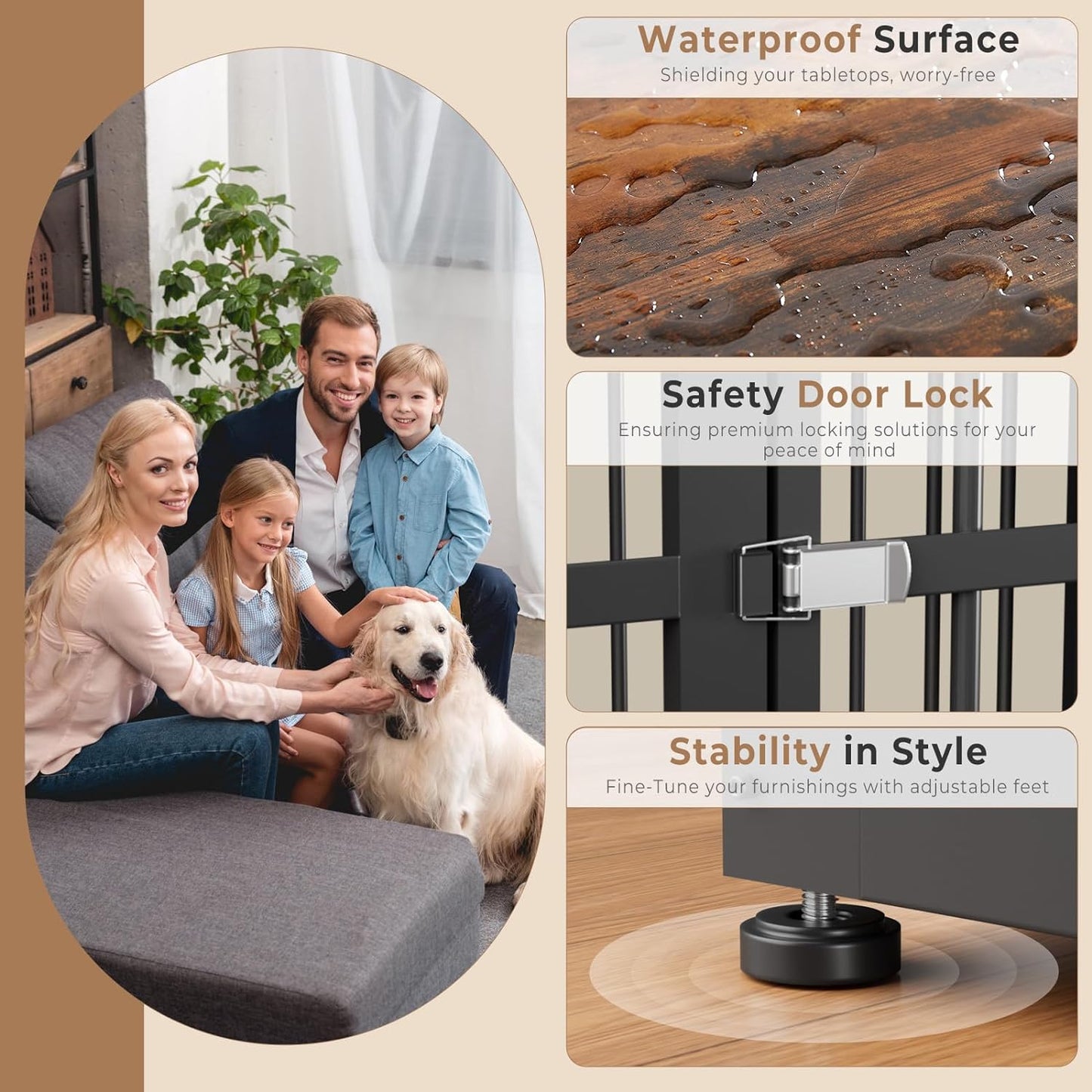 43'' Dog Crate Furniture with 3 Doors, XL Wooden Crate End Table Heavy Duty Indoor Puppy Cage for Medium to Large Dogs, Multiple Units Can be Combined