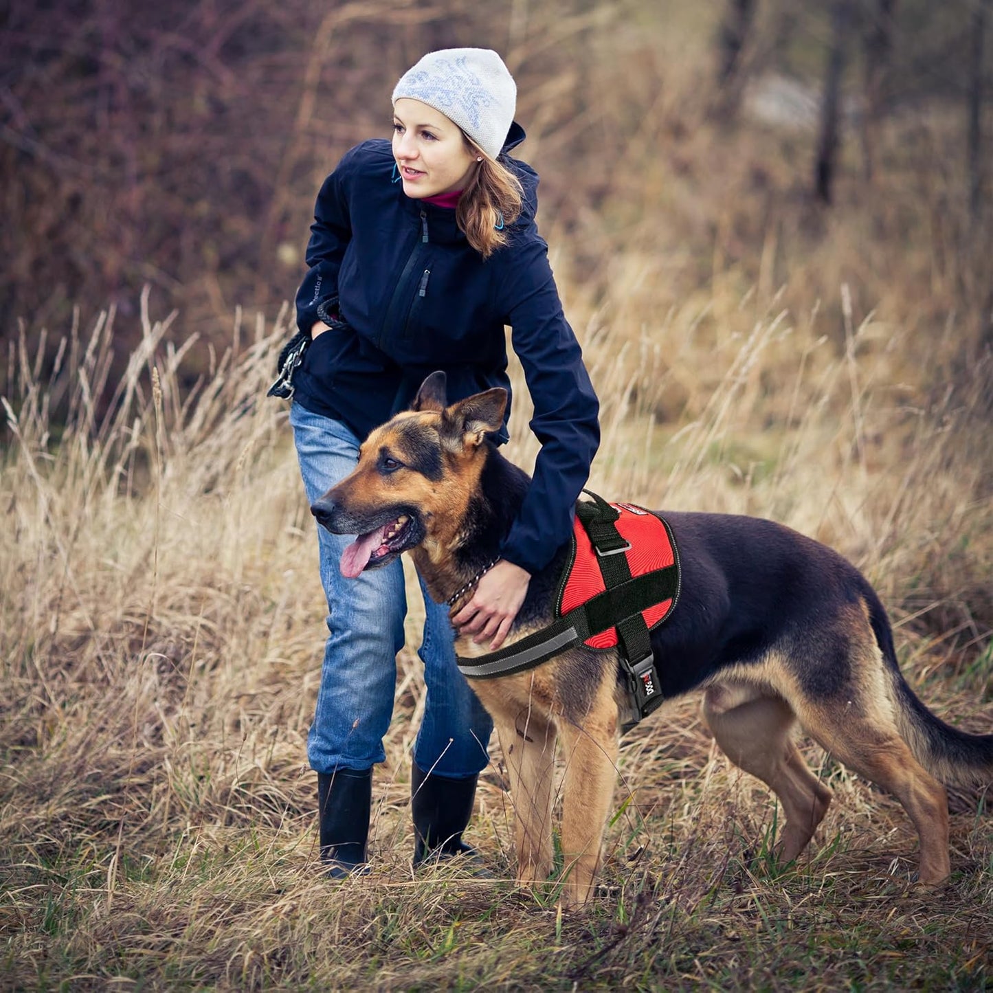 Dogline Dog Harness, Reflective No-Pull Adjustable Vest with Handle for Walking, Training, Service Breathable No - Choke Harness for Small, Medium or Large Dogs Room for Patches Girth 15 to 18 in Red