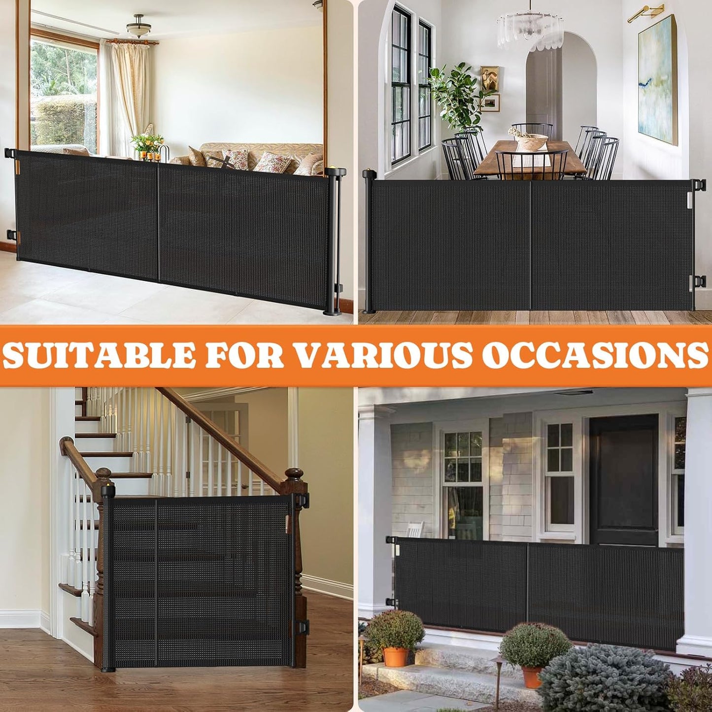 Upgrade Retractable Baby Gates, 35" Tall Extends up to 60" Wide, Mesh Dog Gate Indoor for Stairs, Outdoor Reinforced Pet Gate with Support Rods for Doorways Hallways Kitchen Bedroom, Black