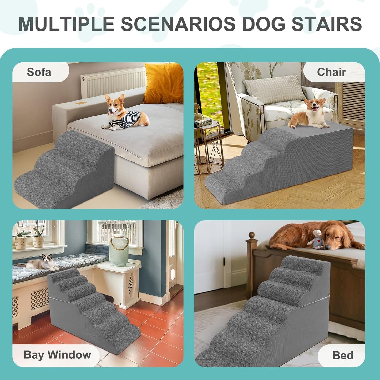 5-Step Dog Stairs for High Bed - 21.3" Adjustable Dog Ramps for Couch, Non-Slip Sturdy Pet Steps for Small Dogs, Washable Cover, Removable Modular Design, Dual 11” & 12.83” Steps for Custom Height