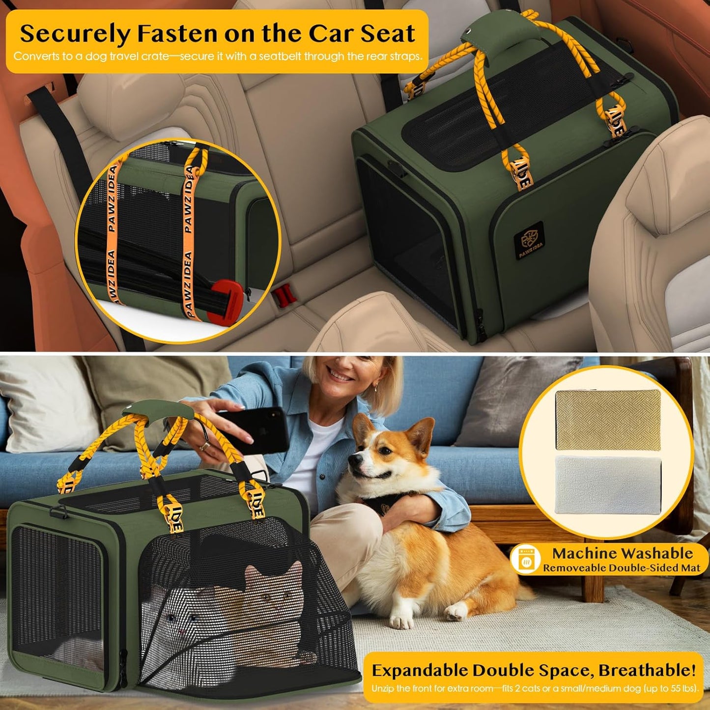 PAWZIDEA Expandable Pet Carrier with Wheels, 24x16x16in Large Cat Carrier for 2 Cats, Soft-Sided Dog Carriers for Small Medium Dog, Collapsible Rolling Travel Bag w/Telescopic Handle, XL Stroage Bag - Pawvie