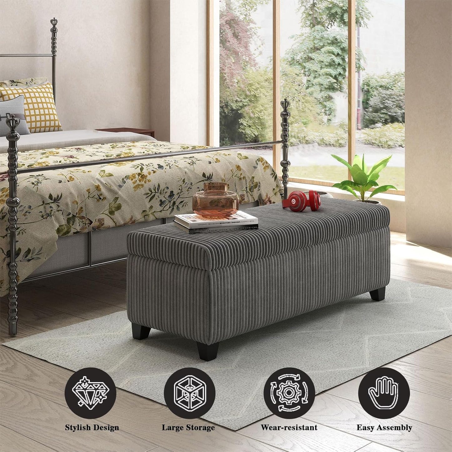 48" Ottoman with Storage, Corduroy Storage Ottoman Bench for Bedroom, End of Bed Bench with Safety Hinge for Living Room, Bedroom, Entryway, Grey