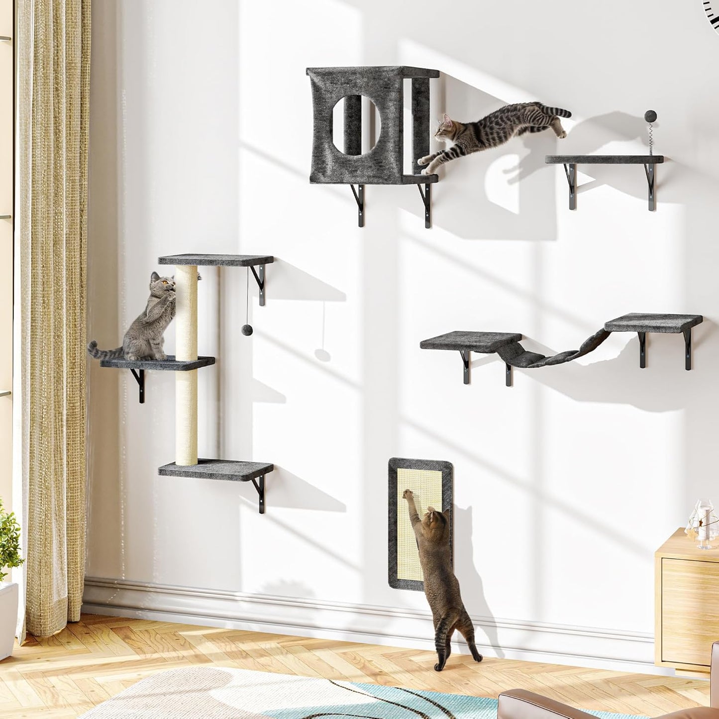 NUNU LAB Cat Wall Shelves Set, 5 Pcs Wall-Mounted Cat Climber with Condo House, Bridge Ladder, Scratching Post, Indoor Cat Furniture Set, Gray