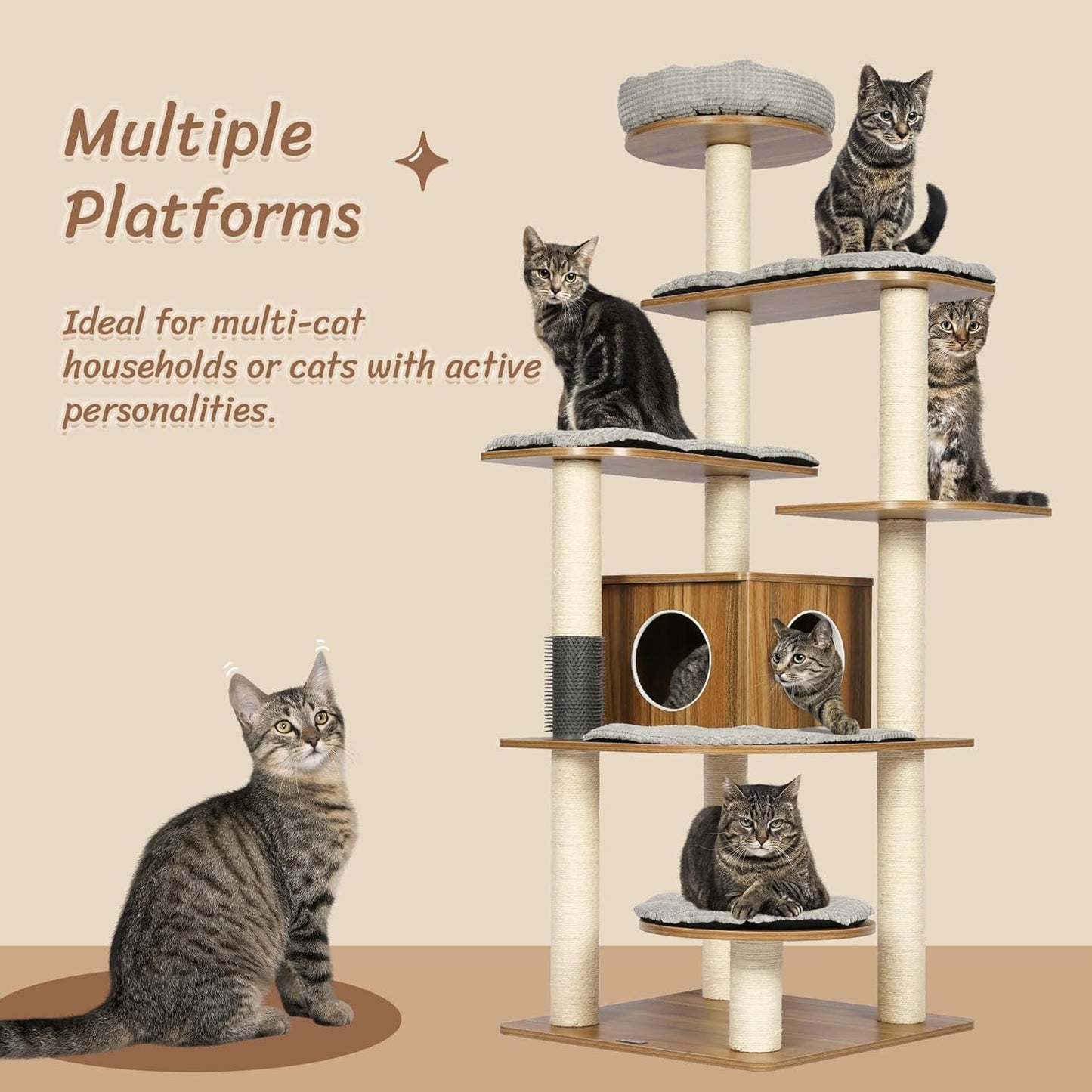 KAMABOKO Tall Wood Cat Tree, 69” Large Cat Tower Multi-Level Platforms with Sisal Scratching Posts, Cat Tree for Large Cats 20 lbs Heavy Duty, Cat Condo Furniture for Active Cats