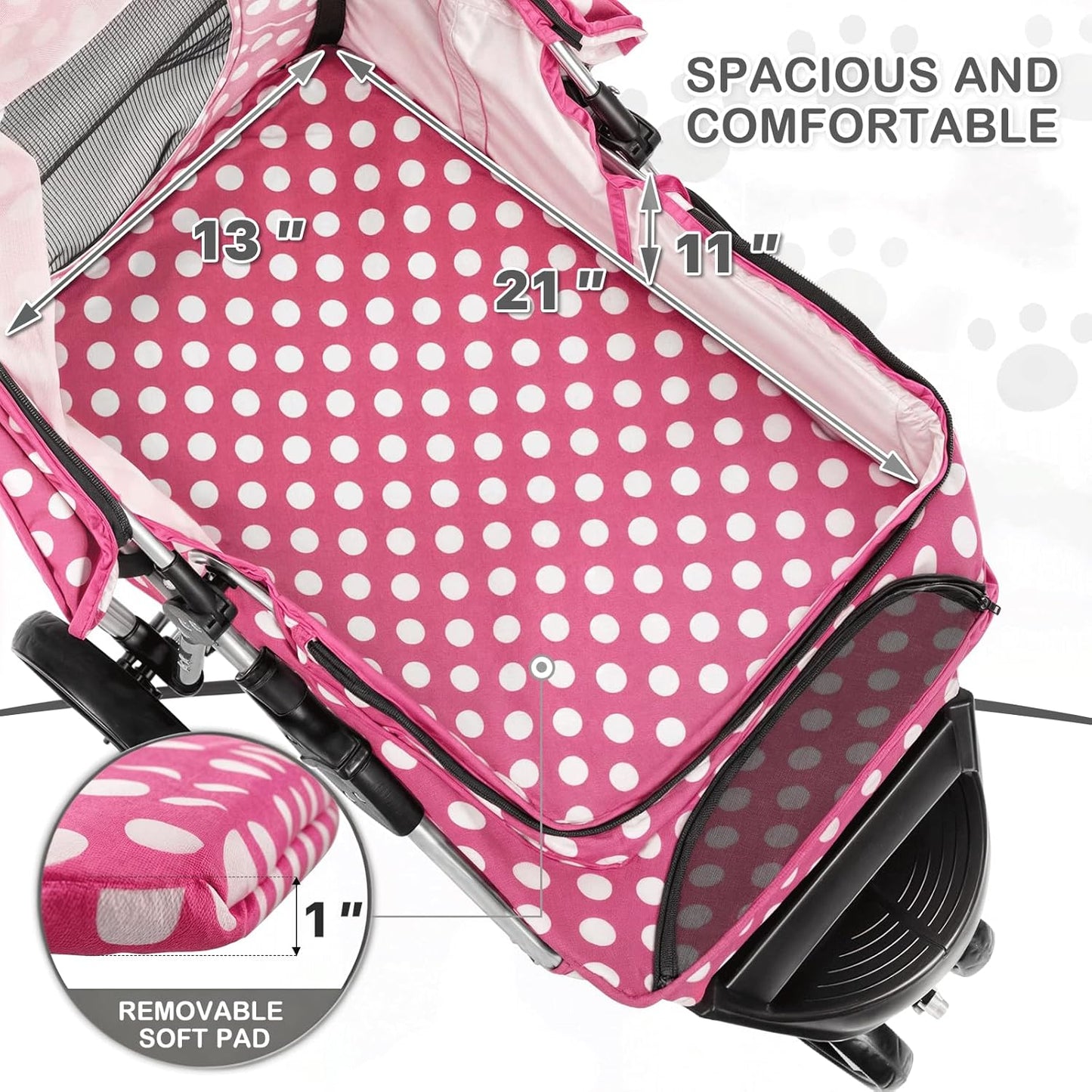 MoNiBloom 3 Wheels Pet Dog Cat Stroller for Small Medium Dogs Cats, Foldable Jogger Stroller w/Storage Basket and Cup Holder, Hot Pink Polka Dots - Pawvie