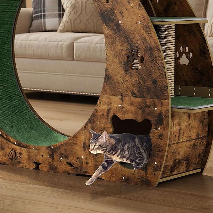 55" Multi-Cat Exercise Wheel with 3-Level Jumper & Scratching Pad - Silent TPE Spinner Activity Center with Rest Area to Prevent Boredom and Obesity in Indoor Cats