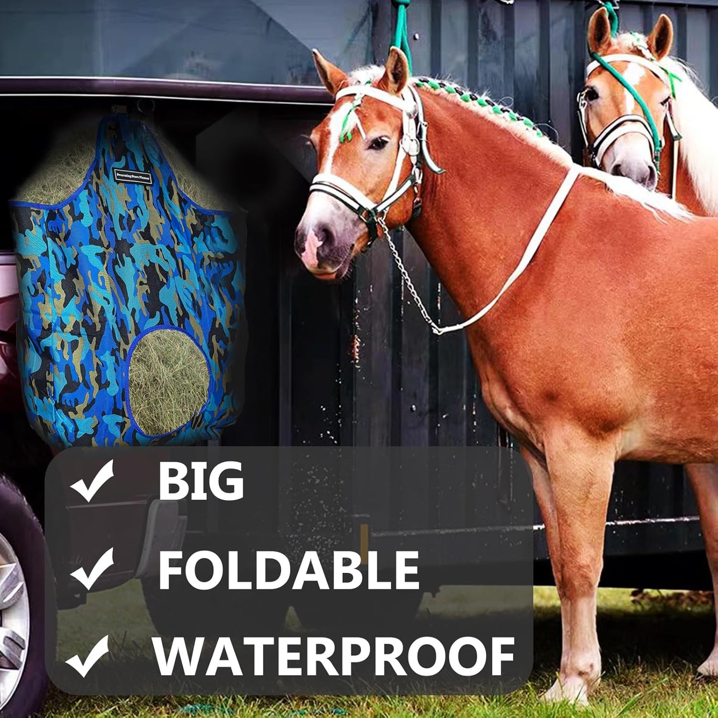 Horse Hay Bag Durable Oxford Fabric, Large Capacity Feeding Bag with Metal Snap Fastener, Slow Feeding Hay Sack, Ideal for Horse Cow Goats Donkey Perfect Hay Feeder with Open Feed Hole (Camouflage)