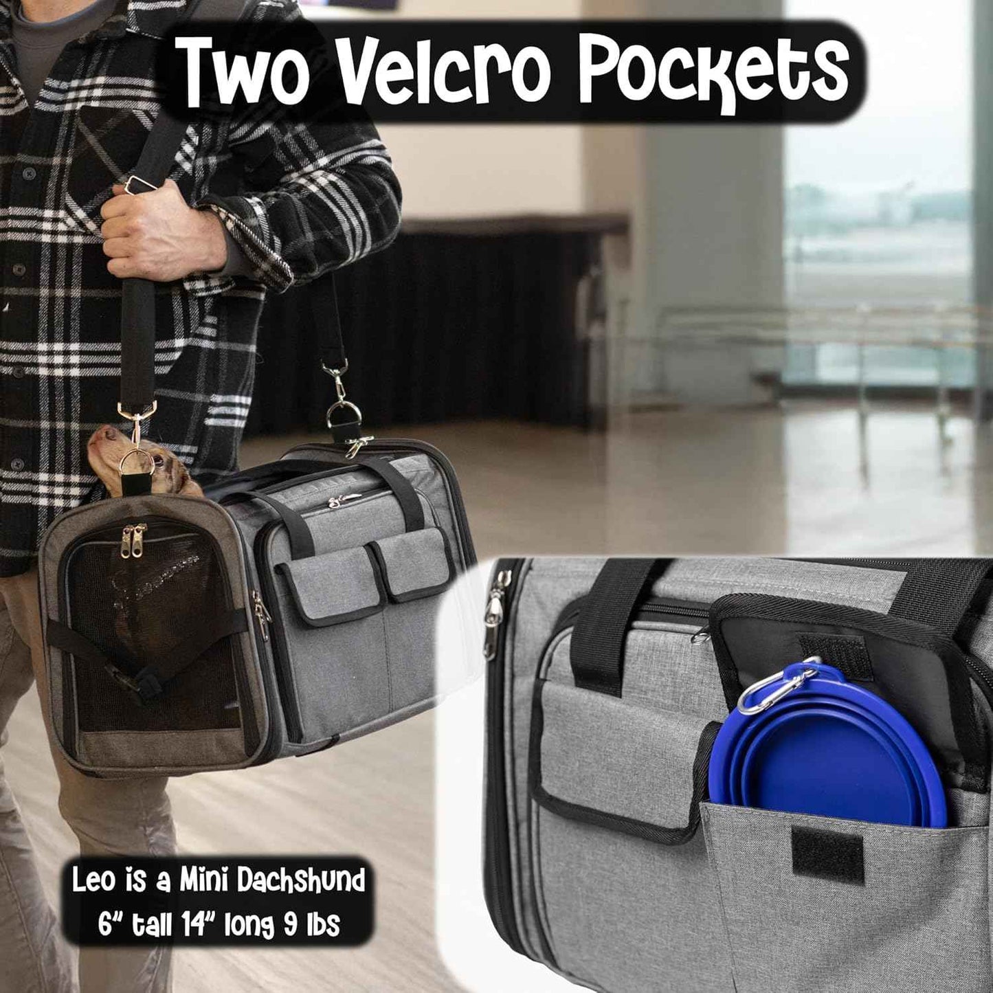 Pet Carrier with Wheels | United Delta American Frontier Airline Approved | Two Expandable Sides, Storage Pockets Adjustable Leash | Rolling Dog and Cat Carrier TSA Compliant (Grey)