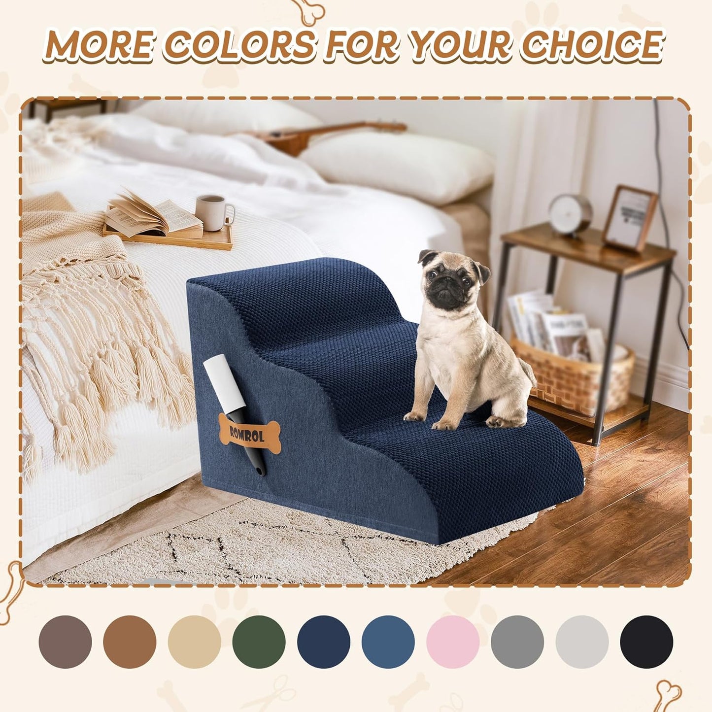 Romrol Dog Stairs Ramp for High Beds Couches, High Density Foam Pet Steps with Durable Non-Slip Waterproof Fabric Cover, Dog Stairs for Small Dogs or Cats or Pets, 3-Step,15 Inch,Navy - Pawvie