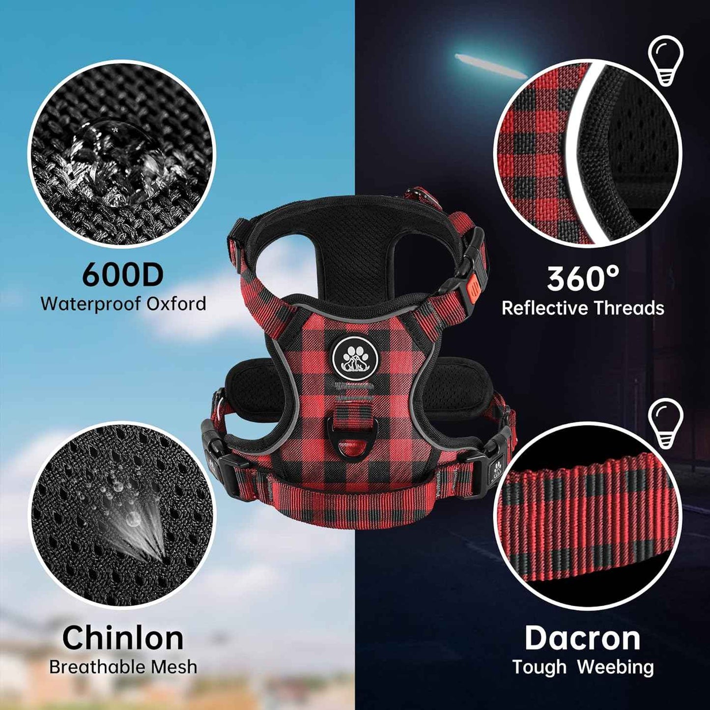 NESTROAD No Pull Dog Harness with Leash, Reflective No Choke Pet Vest Harness,Adjustable Soft Padded Dog Harness with Easy Control Handle for Large Dogs(Checkered Red,Large)