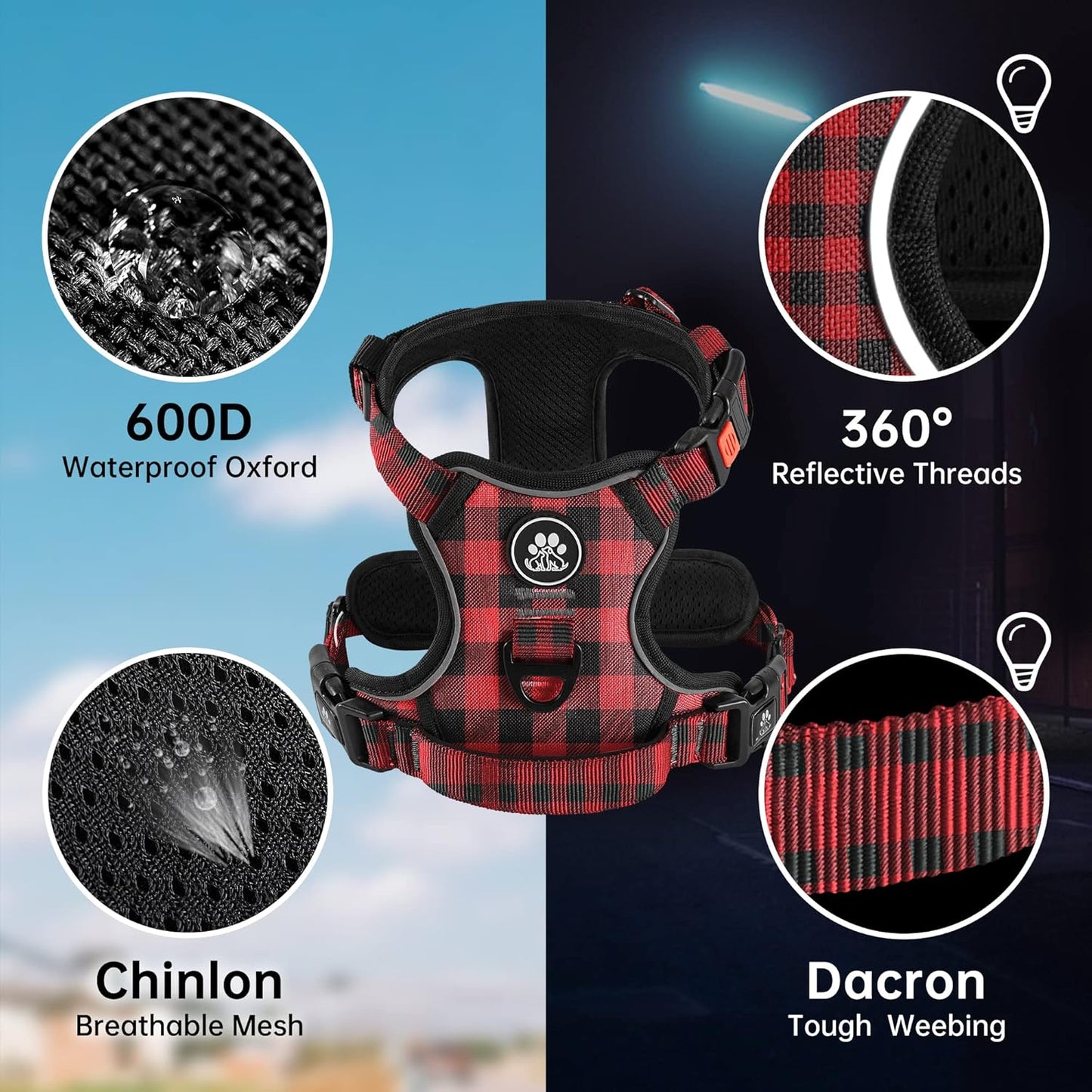 NESTROAD No Pull Dog Harness with Leash, Reflective No Choke Pet Vest Harness,Adjustable Soft Padded Dog Harness with Easy Control Handle for Medium Dogs(Checkered Red,Medium) - Pawvie