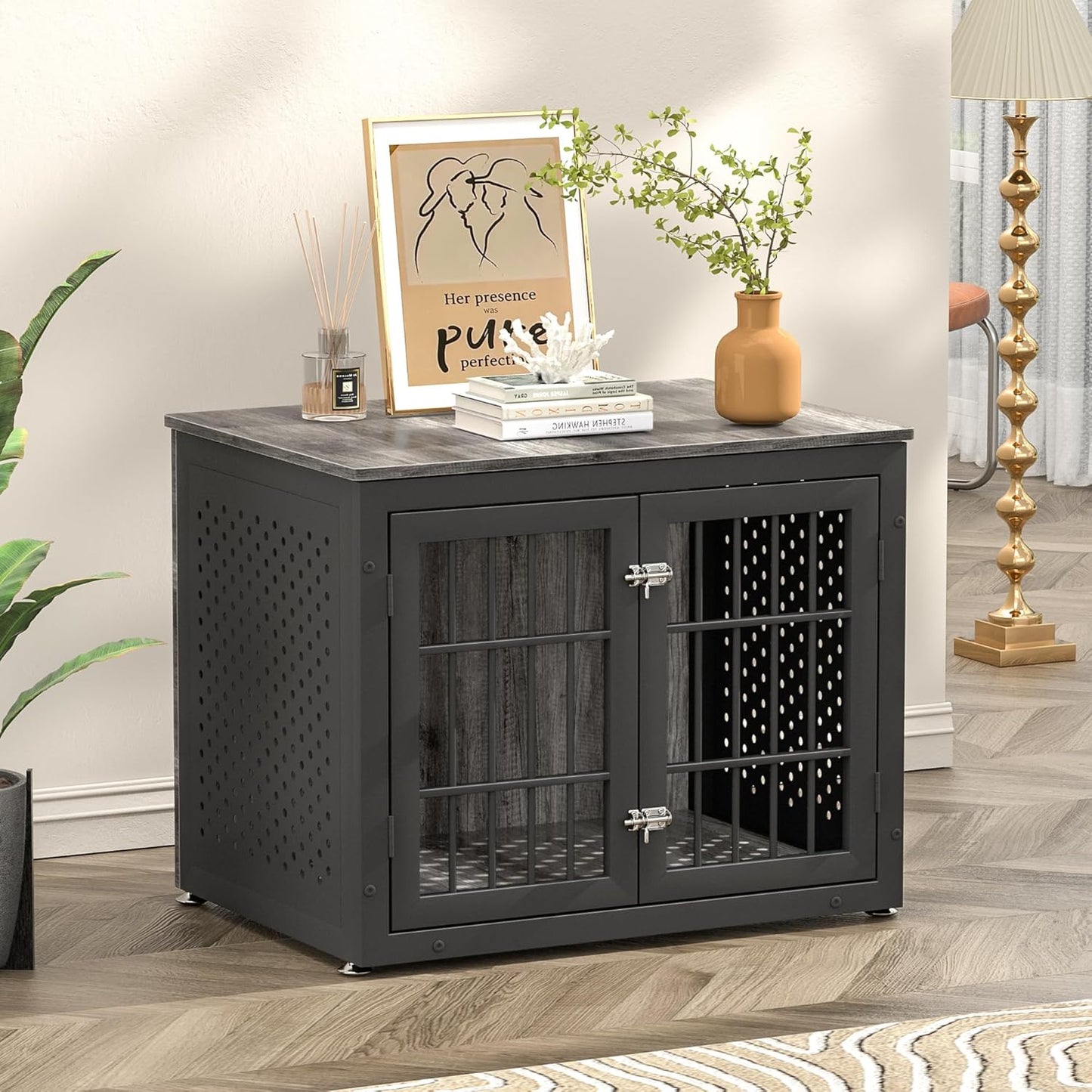 32" Heavy Duty Dog Crate Furniture for Small and Medium Dogs, Metal Kennel for High Anxiety Dogs, Chew Proof Pet Cage Indoor, Decorative Dog Kennel End Table