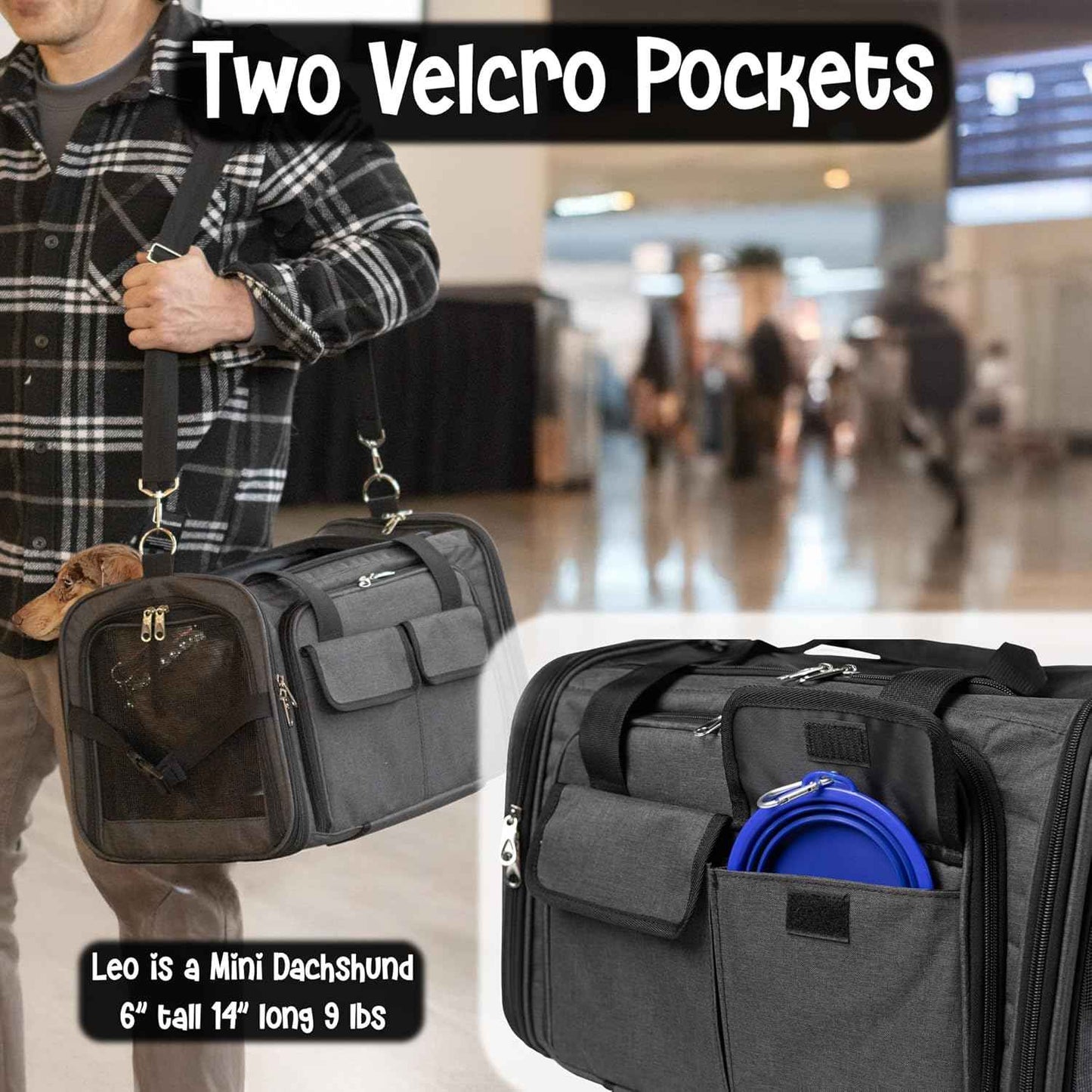 Pet Carrier with Wheels | United Delta American Frontier Airline Approved | Two Expandable Sides, Storage Pockets Adjustable Leash | Rolling Dog and Cat Carrier TSA Compliant (Charcoal)