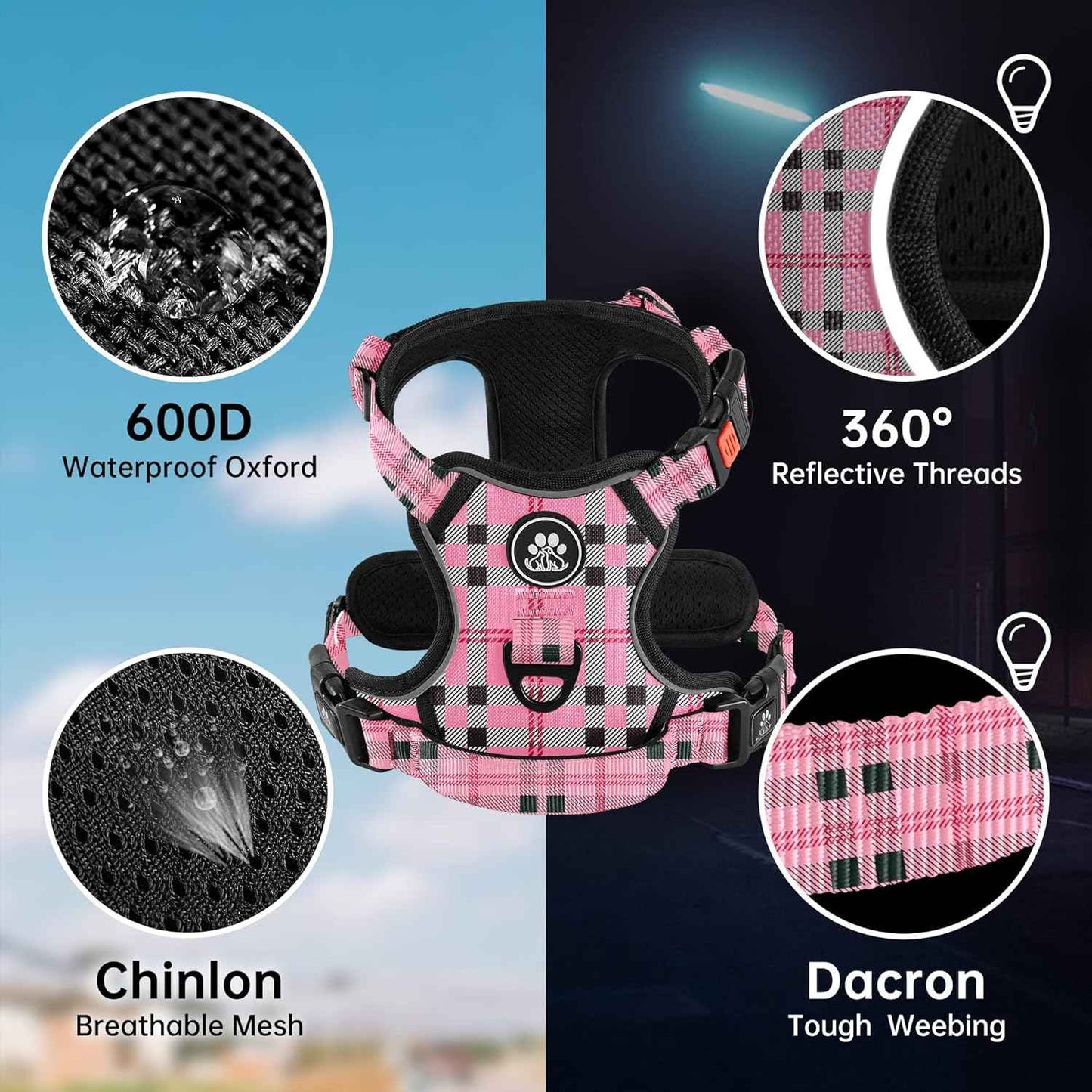 NESTROAD No Pull Dog Harness with Leash, Reflective No Choke Pet Vest Harness,Adjustable Soft Padded Dog Harness with Easy Control Handle for Large Dogs(Checkered Pink,Large)