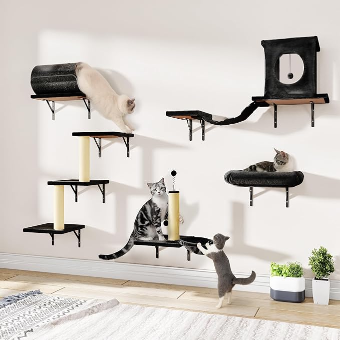 NUNU LAB Wall Mounted Cat Wall Shelves, 14-in-1 Cat Wall Climber with Bridge, Tunnel, House, Scratcher, Steps, Indoor Space-Saving Furniture for Kittens Play, Black