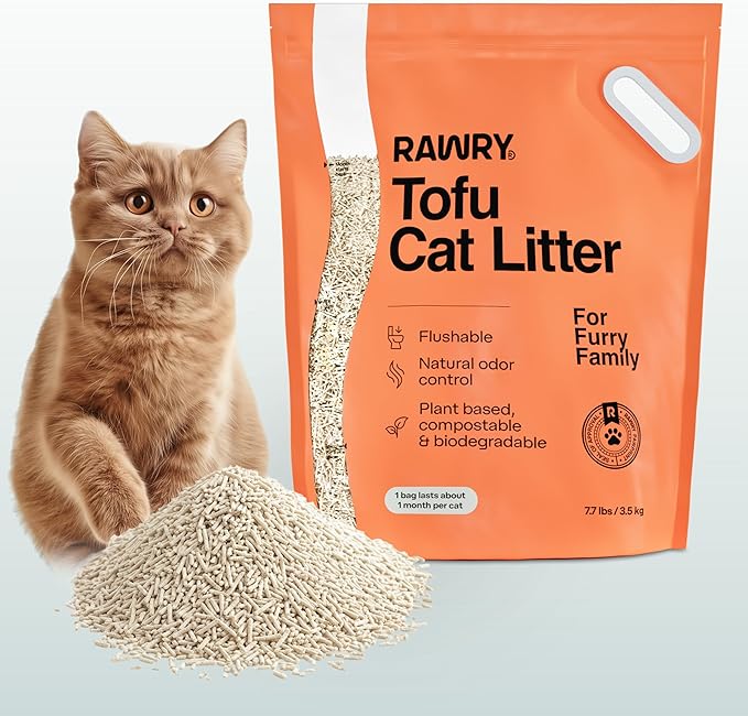 RAWRY Tofu Cat Litter | Clumping, Dust-Free, Unscented, Natural Compostable & Flushable Kitty Litter for Odor Control | 3 Month Supply: 23.1lb
