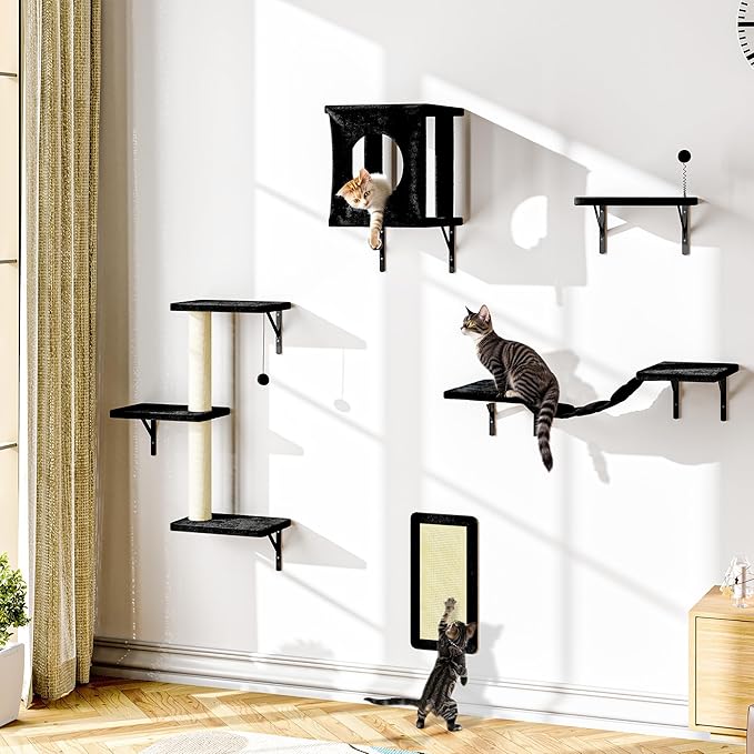 NUNU LAB Wall Mounted Cat Wall Shelves, 10-in-1 Cat Wall Climber with Kitten House, Bridge, Steps, Scratcher, Indoor Space-Saving Furniture for Kittens Play, Black