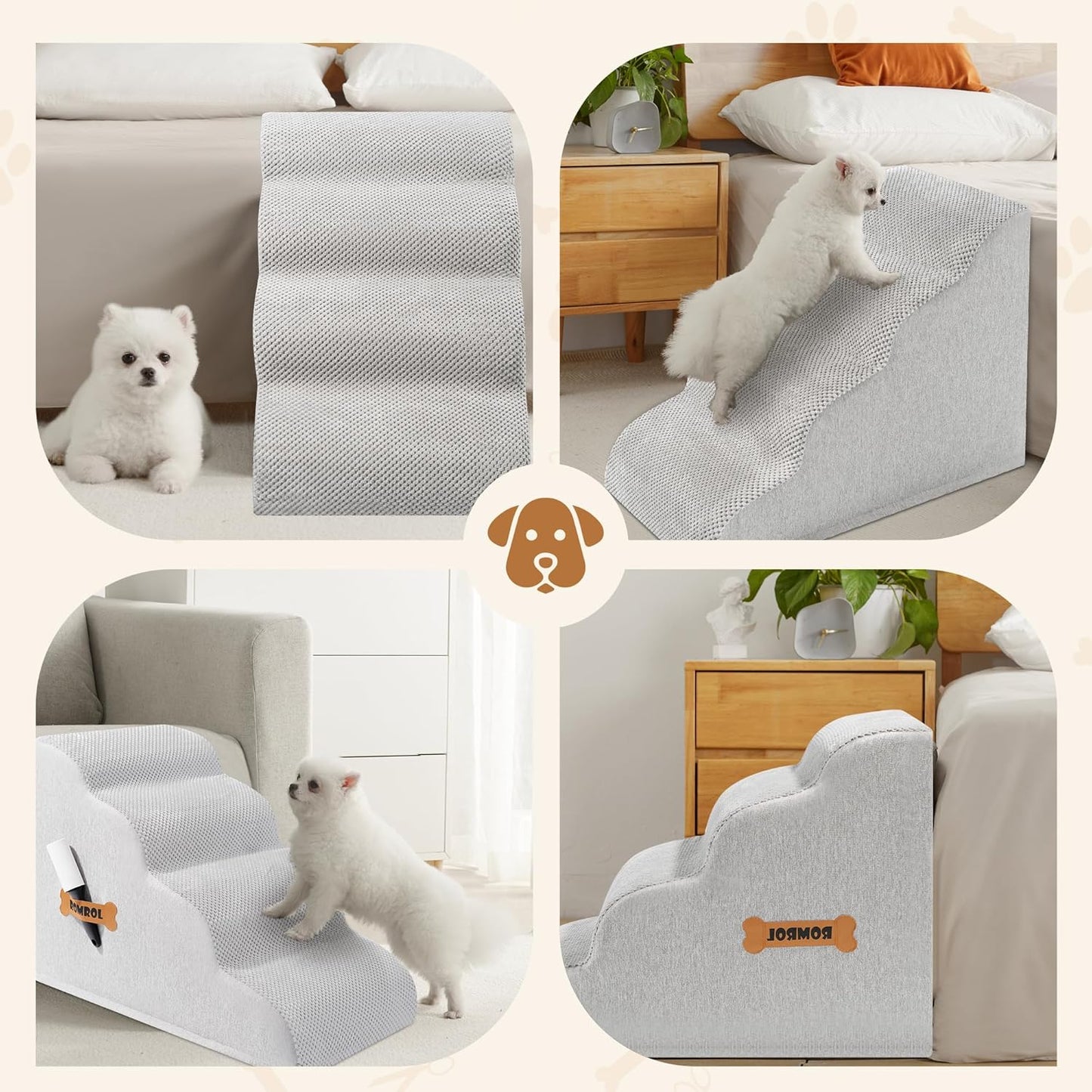 Romrol Dog Stairs Ramp for Beds Couches, Extra Wide Pet Steps with Durable Non-Slip Waterproof Fabric Cover, Dog Slope Stairs for Small Dogs and Cats or Pets Friendly, 4-TiersLight Grey - Pawvie