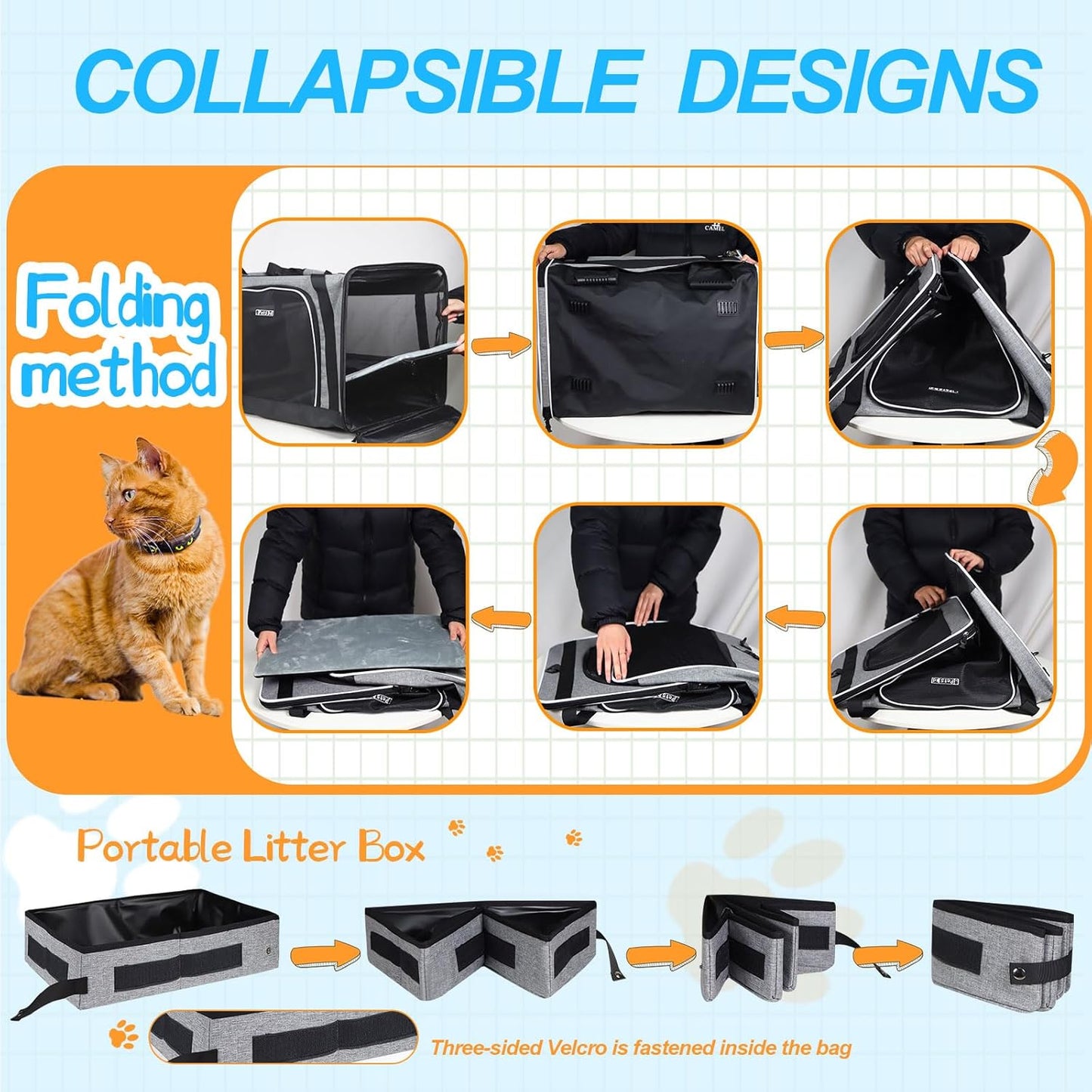 Petskd Extra Large Cat Carrier with Litter Box 24"x17"x17" for Medium Large Cat or 2 Small Cats, Collapsible Soft Sided Pet Carrier for Car Travel with Lockable Safety Zippers(Grey) - Pawvie