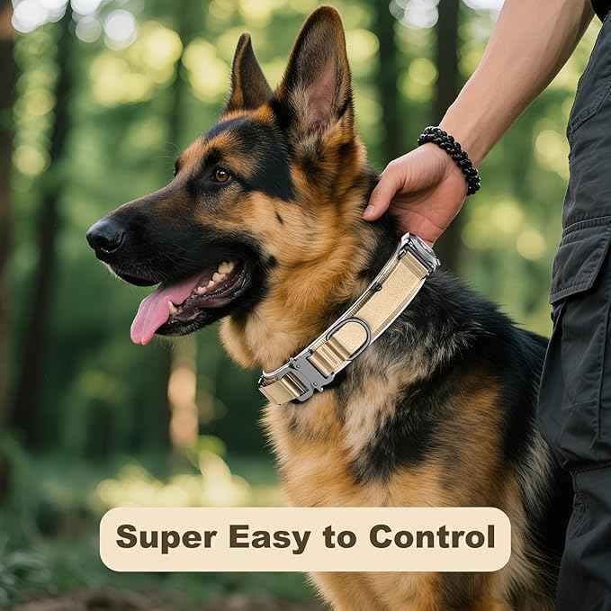 2025 New and Improved AirTag Dog Collar, Military Tactical Dog Collar with AirTag Holder - Adjustable Control Handle, Durable Metal Buckle, Comfortable GPS Dog Collars (M, Khaki)
