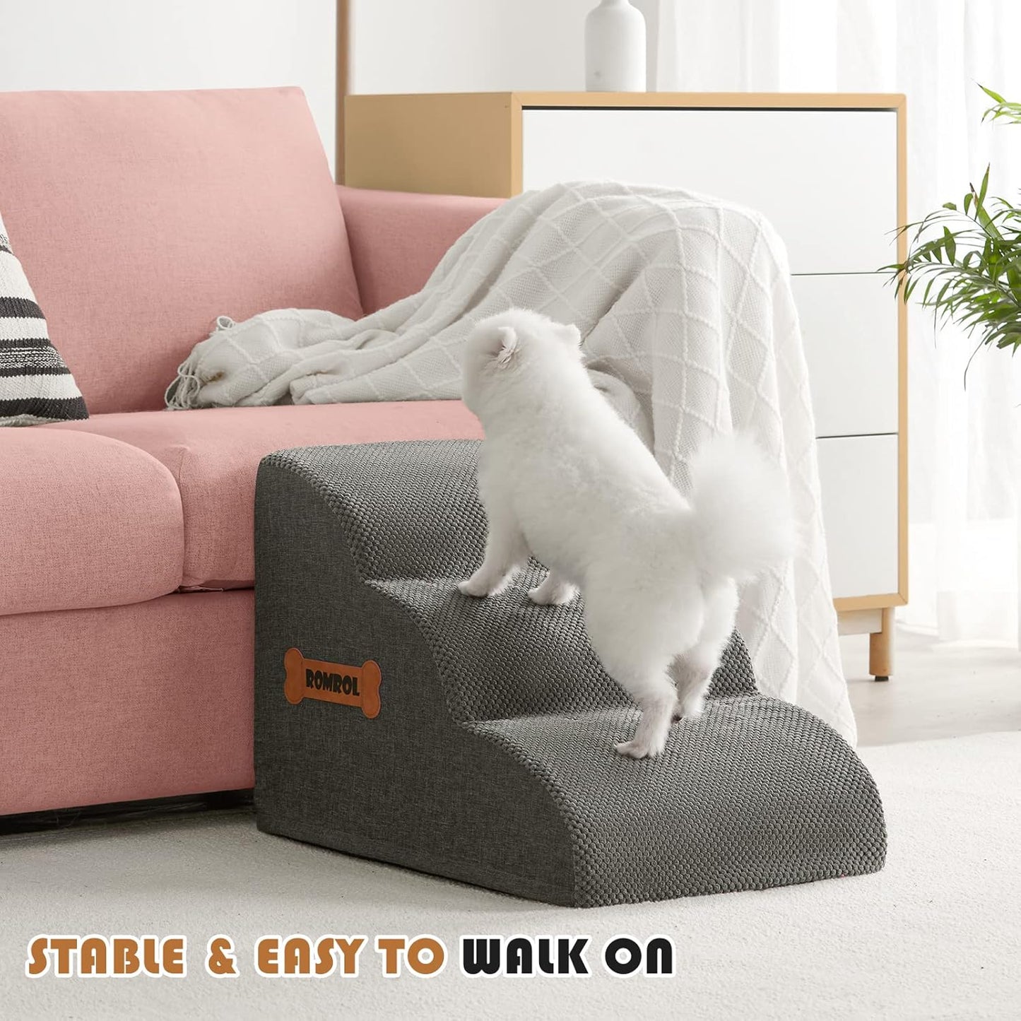 Romrol Dog Stairs Ramp for Beds Couches, 15.7” H 33D Extra Wide Pet Steps with Durable Non-Slip Waterproof Fabric Cover, Dog Slope Stairs for Small Dogs and Cats or Pets Friendly, 3-Tiers, Grey - Pawvie