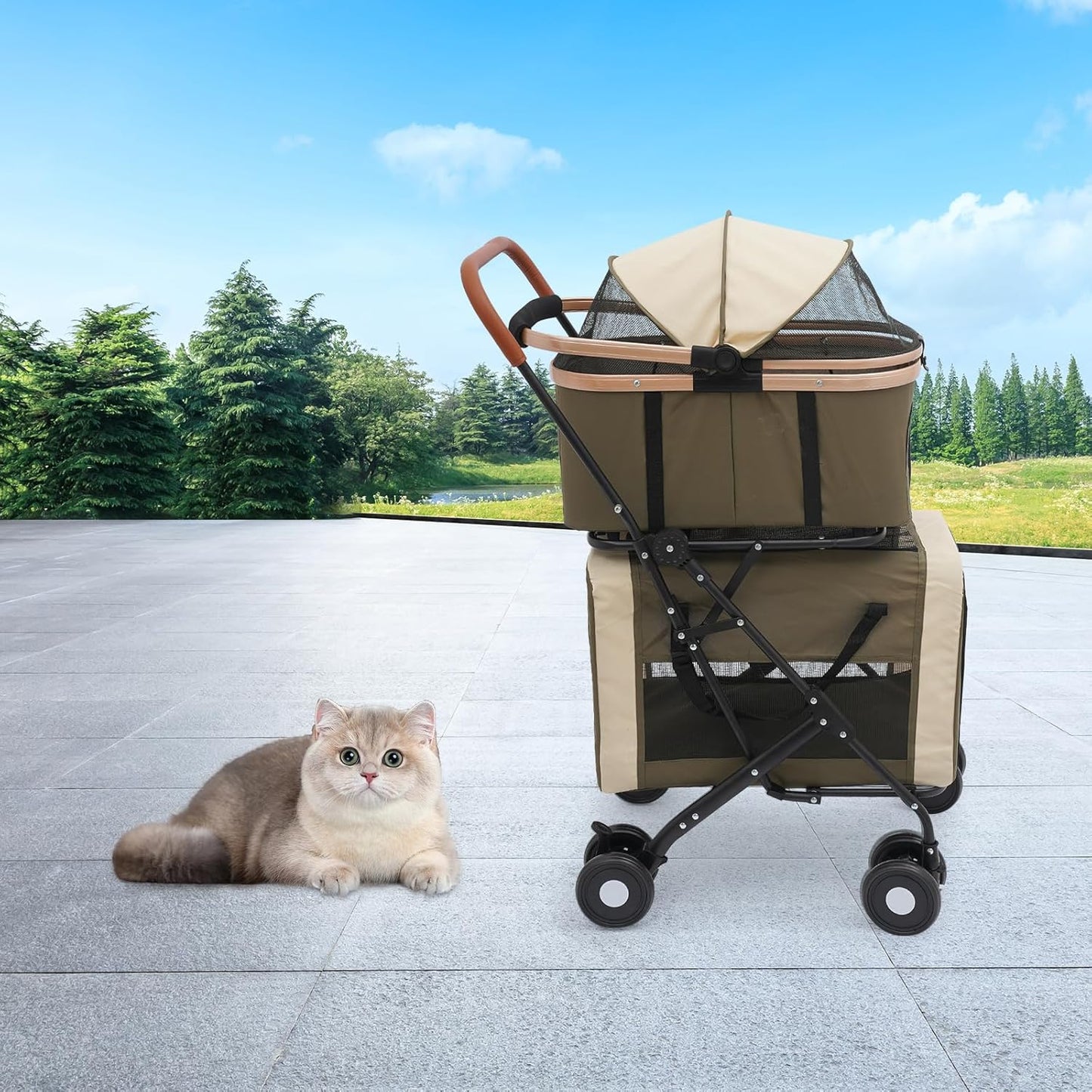 Foldable Pet Stroller for Small & Medium Dogs, Double Dog & Cat Stroller with 3-in-1 Travel System, Detachable Pet Carrier with Wheels for Cats and Dogs up to 77 lbs, Dark Green - Pawvie