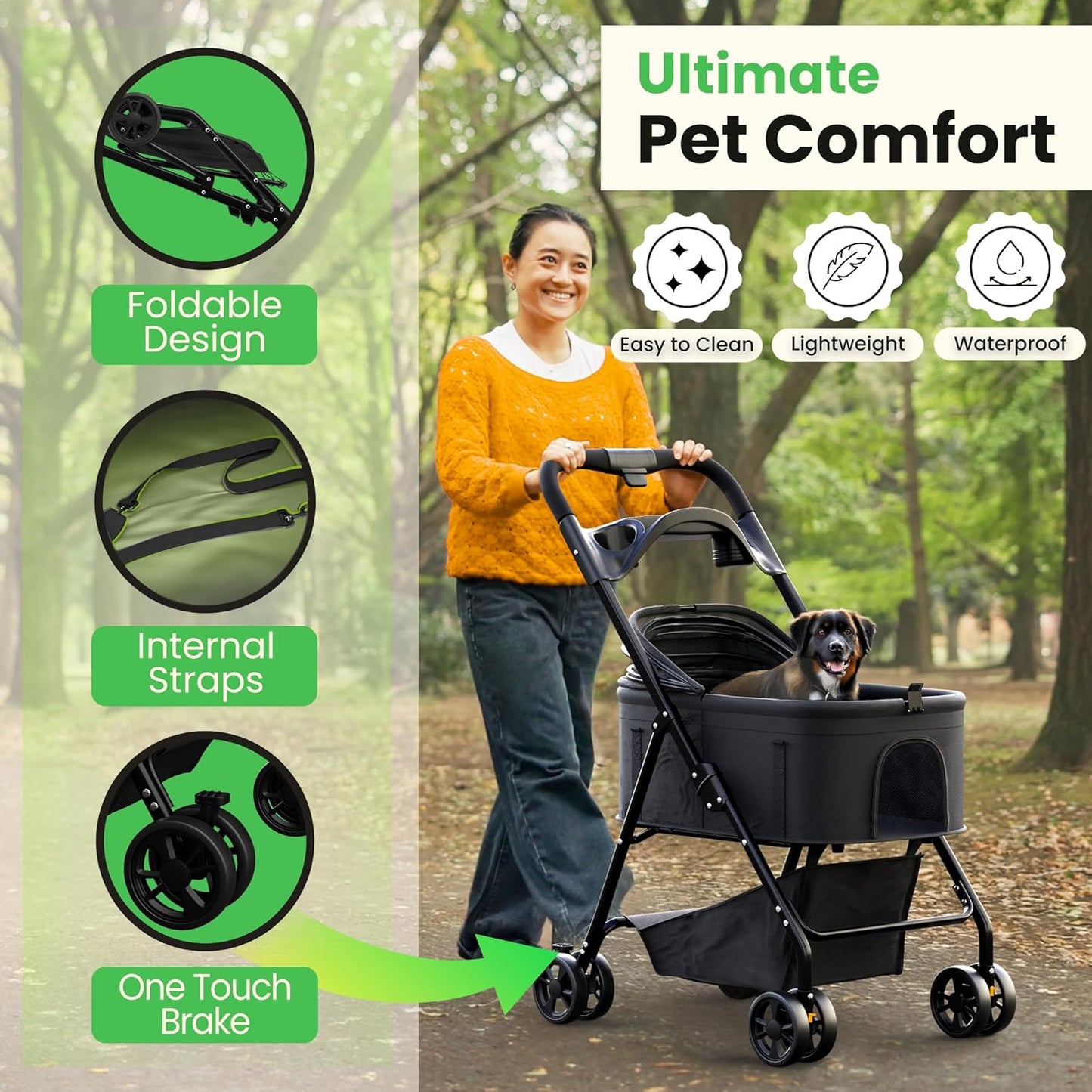 Pet Stroller 3 in 1 Foldable Dog Stroller, Cat Strollers, Foldable pet Strollers & Cat Carrier, Pet Carrier, Lightweight with Cup Holder, Waterproof Max Load 66 lbs, Breathable Mesh Canopy - Pawvie
