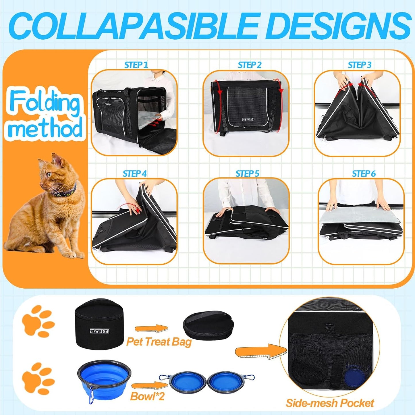 Petskd Extra Large Pet Carrier 24"x17"x17" for Large Cat or Medium Dog, Collapsible Soft Sided Dog cat Carrier for Long Trips with Lockable Safety Zippers(Black) - Pawvie