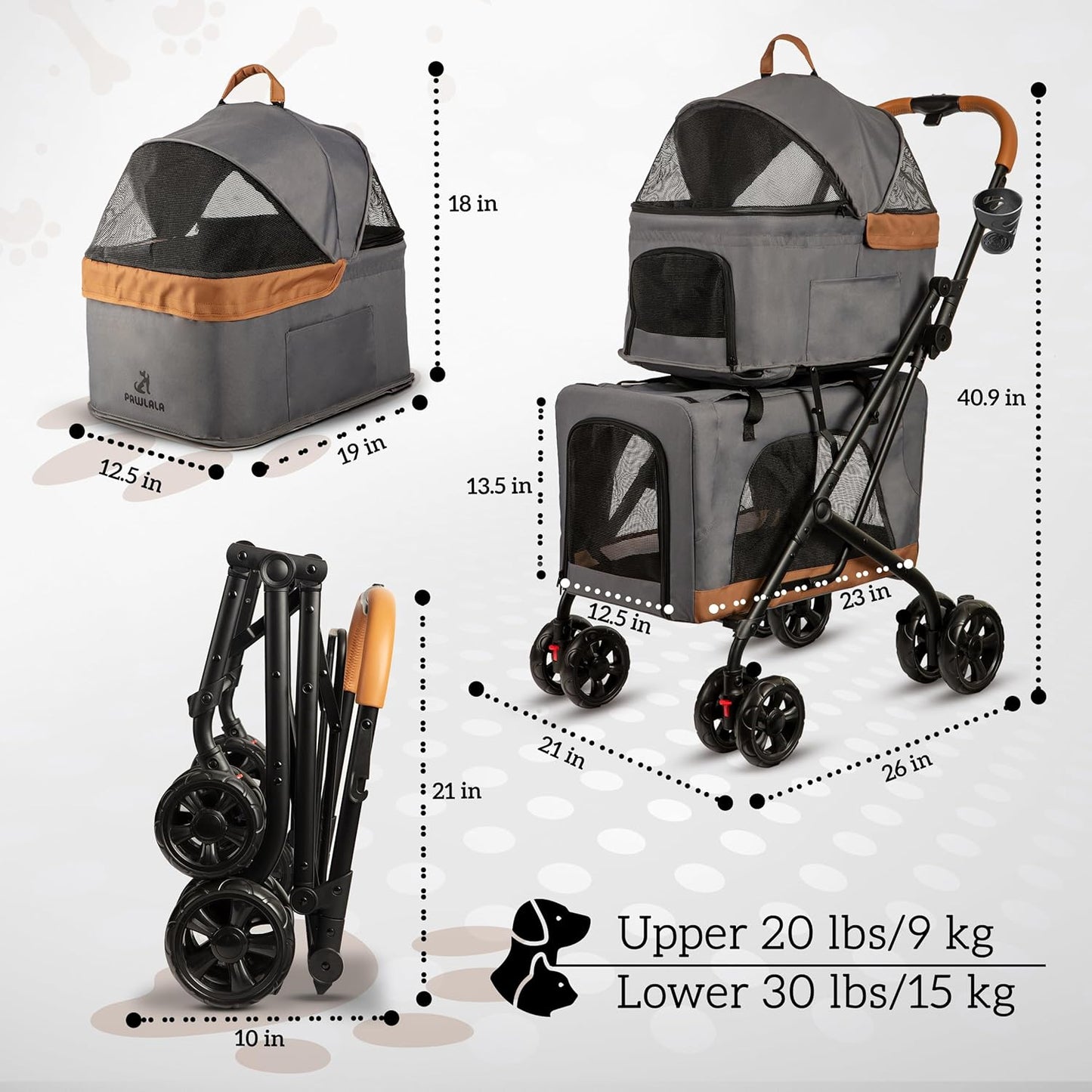 Double Pet Stroller with Detachable Carriers - Ideal for 2 Dogs or Cats - Compact & Convenient Design - Easy Assembly Double Dog Stroller - Graphite Gray - Pawvie