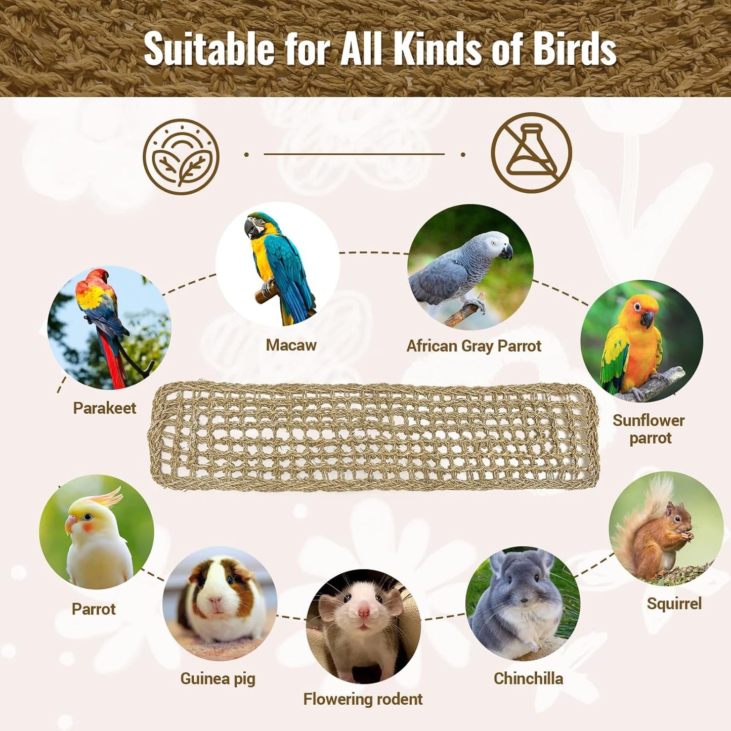 2Pcs 29.5 x 7 inches Large Bird Seagrass Mat Grass Woven Net Parrot Hammock Mat Parakeet Climbing Rope Ladder with Hooks Bird Cage Accessories for Conure Cockatiel Budgie Macaw Bearded Dragon