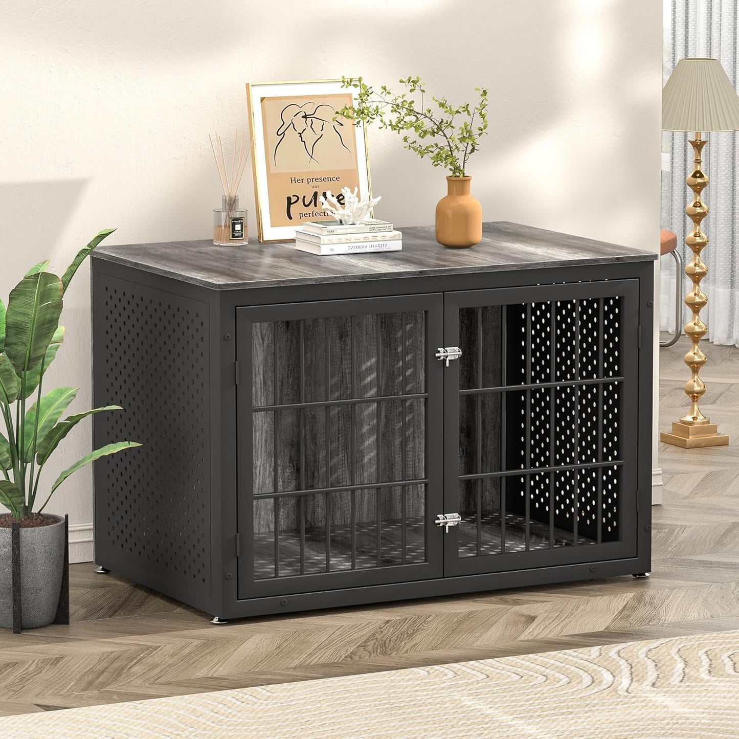 48" Heavy Duty Dog Crate Furniture for Extra Large Dogs, Metal Cage for High Anxiety Dogs, Wooden Kennel Furniture Indoor, Decorative Dog Kennel End Table, XL