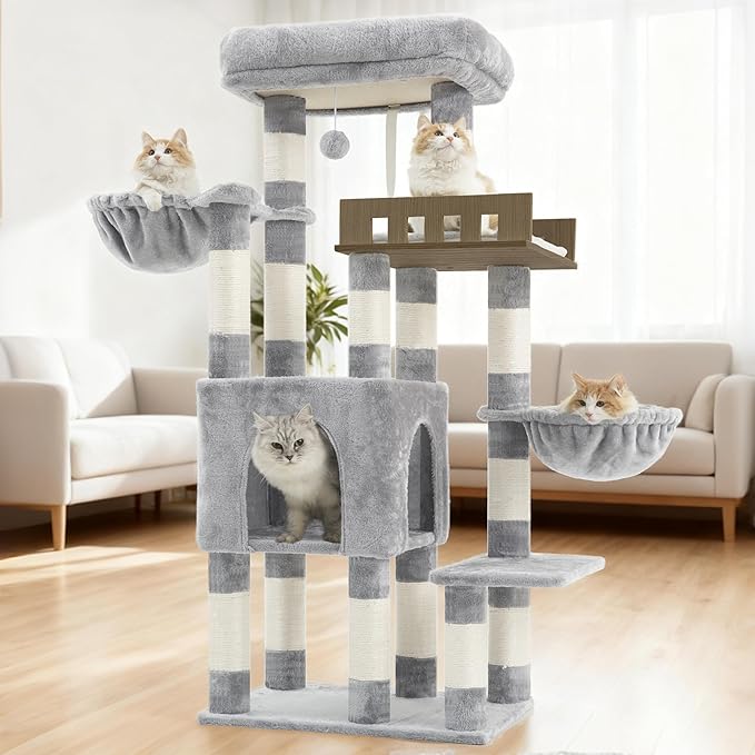 Cat Tree for Indoor Cats Large Adult, Heavy Duty Cat Tree for Large Cats 20 lbs+, Cat Condo with Big Wooden Perch, Cat Tower with 14 Scratching Posts, Hammock, Light Gray GCT023W