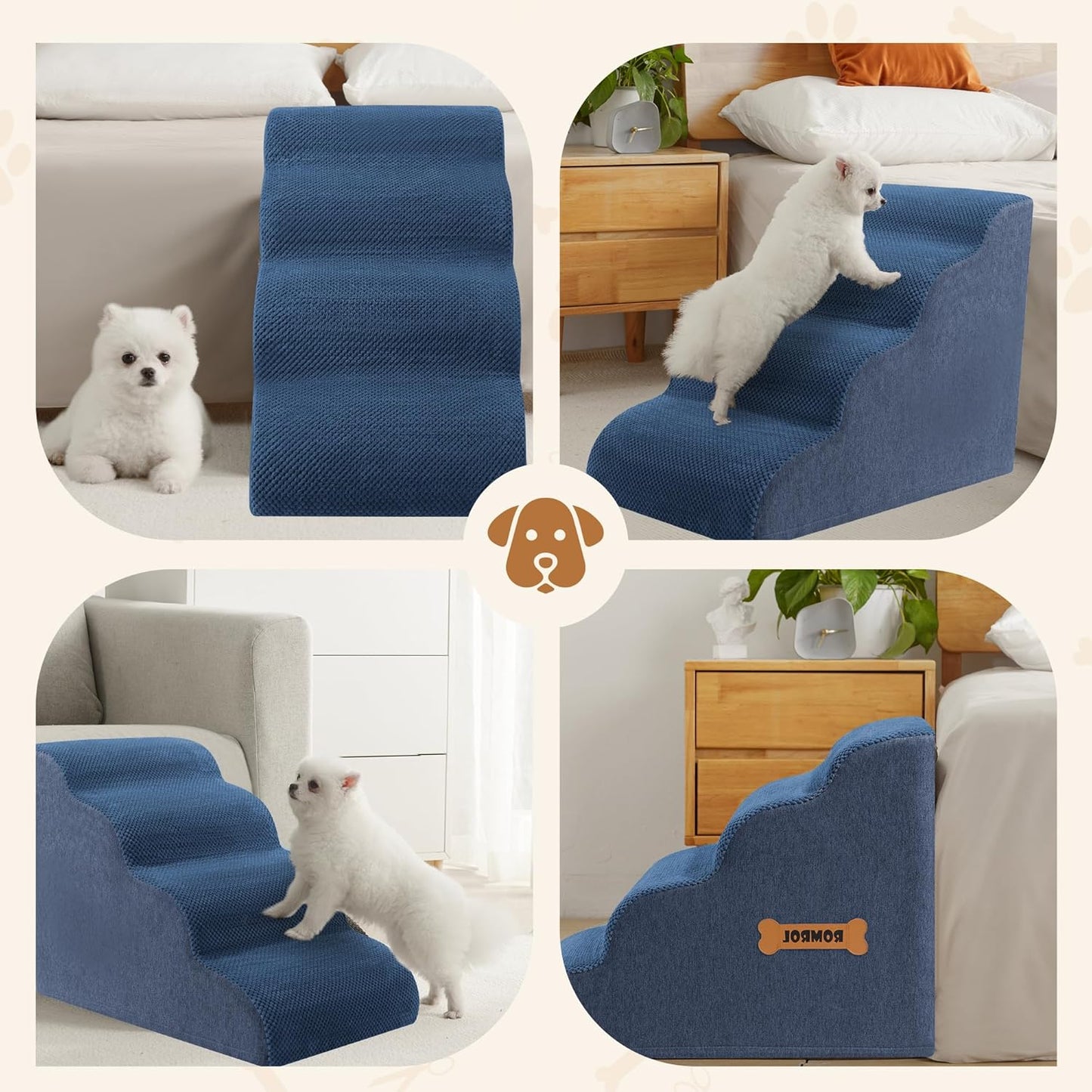 Dog Stairs, Romrol Dog Steps Ramp for High Bed and Couch, Dogs Ramp with Durable Non-Slip Waterproof Fabric Cover, Pet Stairs for Small Dogs and Cats or Pets Joints, 4-TiersDusty Blue - Pawvie