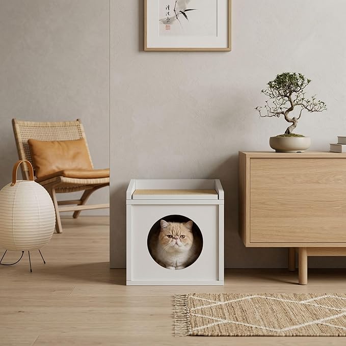 Meowdium Cat House – Cat Condo with Cardboard Scratcher, Scratching Post, Bed & Toy Storage, Cozy Cat Furniture & Accessories for Indoor Cats, White