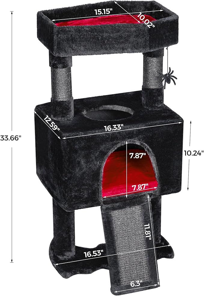 BEWISHOME Cat Tree Tower for Indoor Gothic Cat Trees with Coffin Bed, Cat Condo Cat House with Scratching Posts, Cat Shelves with Spider Toy, Pet Play Activity Center Black with Red, MMJ95R