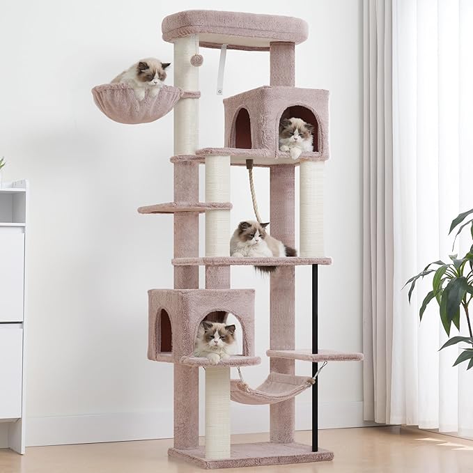 Cat Tree for Indoor Cats Large Adult, 70.5'' Cat Tower with Scratching Post, Sturdy Steel Pube Cat Tree Tower with Large Playing Platfrom, Hammock and Basket, Top Perch, Mushroom GCT024MU