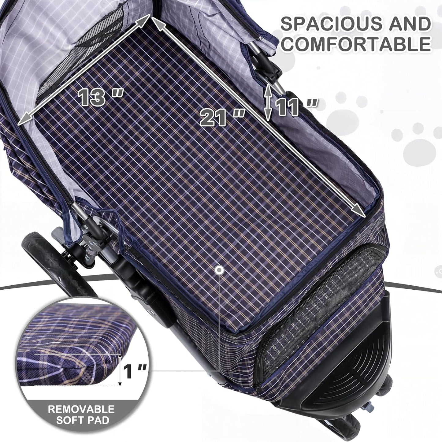 MoNiBloom 3 Wheels Pet Dog Cat Stroller for Small Medium Dogs Cats, Lightweight Foldable Jogger Stroller w/Storage Basket and Cup Holder, Plaid - Pawvie