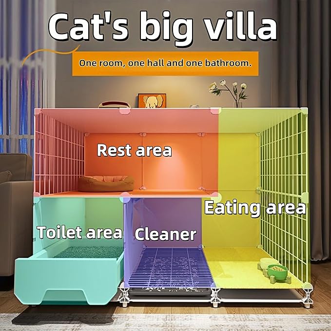 Indoor cat cage with Litter Box, Complimentary Cat Bed, Bow,lcat House with Wheels Outdoor,Large cat Villa Playpen, Small Animal Dog Kennel cat enclosures (41″(L) x18″(W) x46″(H))