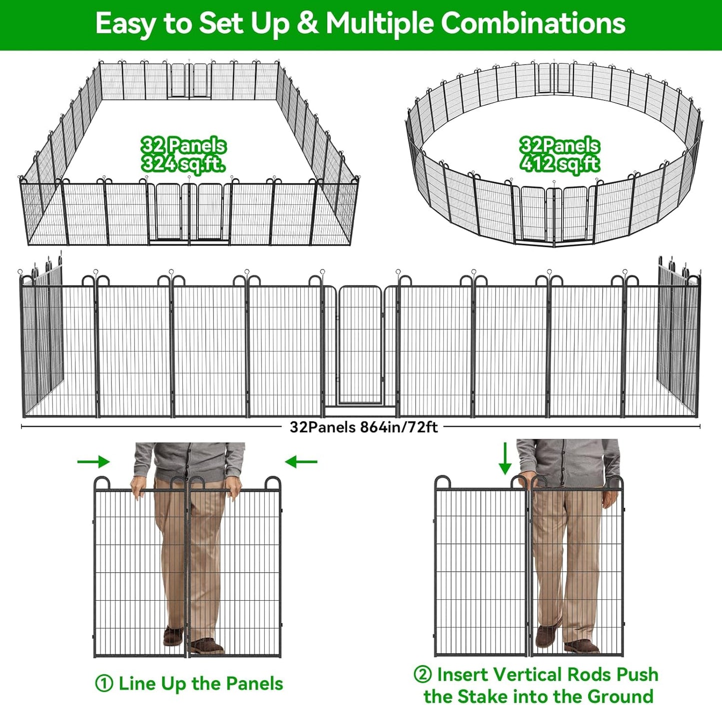 Dog Playpen Outdoor 32 Panels Heavy Duty Dog Fence 47" Height Anti-Rust with Doors Portable for RV Camping Yard, Total 71FT, 406 Sq.ft, Snowy Black