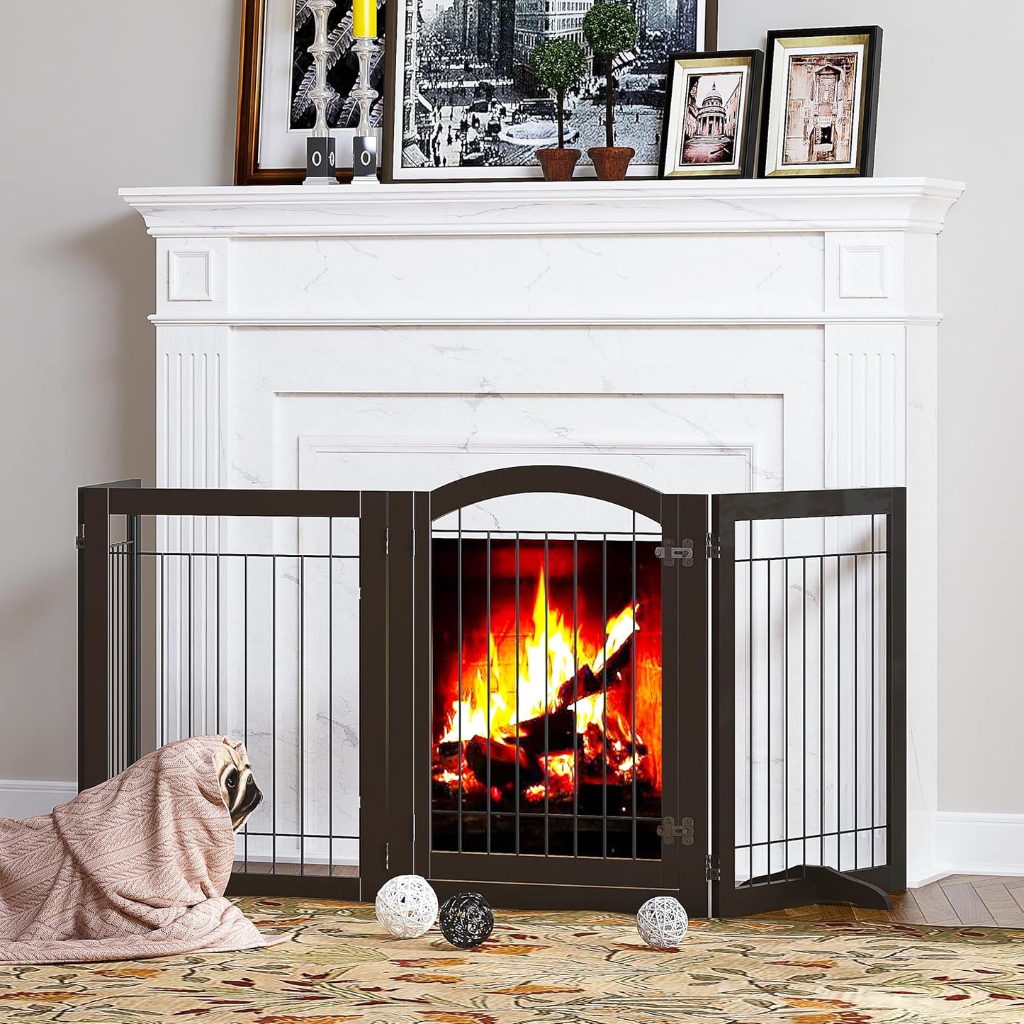 SPIRICH 96-inch Extra Wide 30-inches Tall Dog Gate with Door Walk Through, Freestanding Wire Pet Gate for The House, Doorway, Stairs, Pet Puppy Safety Fence, Support Feet Included(Espresso)